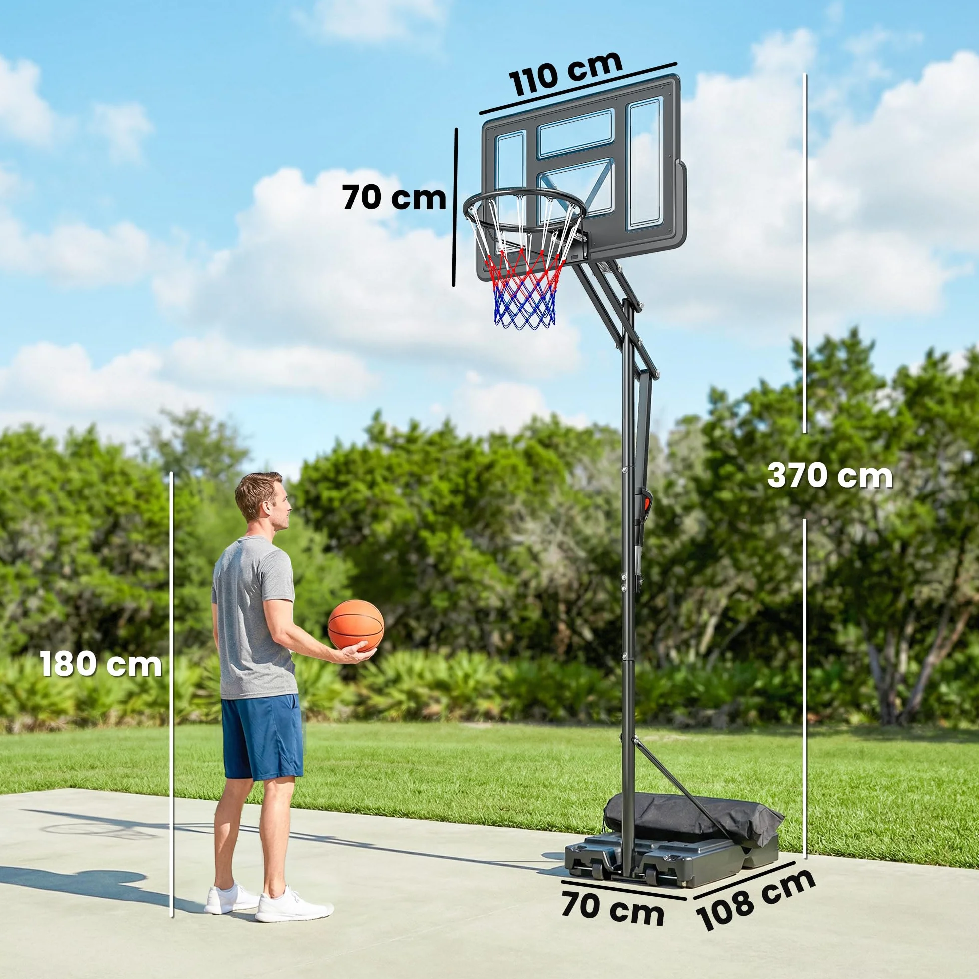 SPORTNOW Canestro Basket Regolabile 235-305 cm, Tabellone Infrangibile, Portatile, Nero