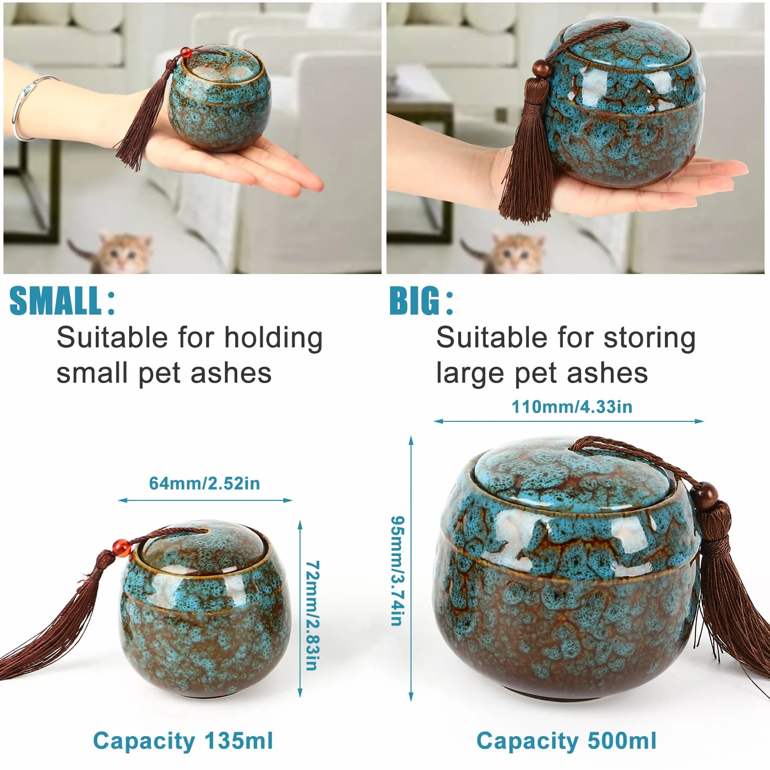 Piccole urne per ceneri umane, mini urna per cenere per adulti, urne per animali domestici, cani, ceneri per gatti, ceneri funerali (500 ml, blu)