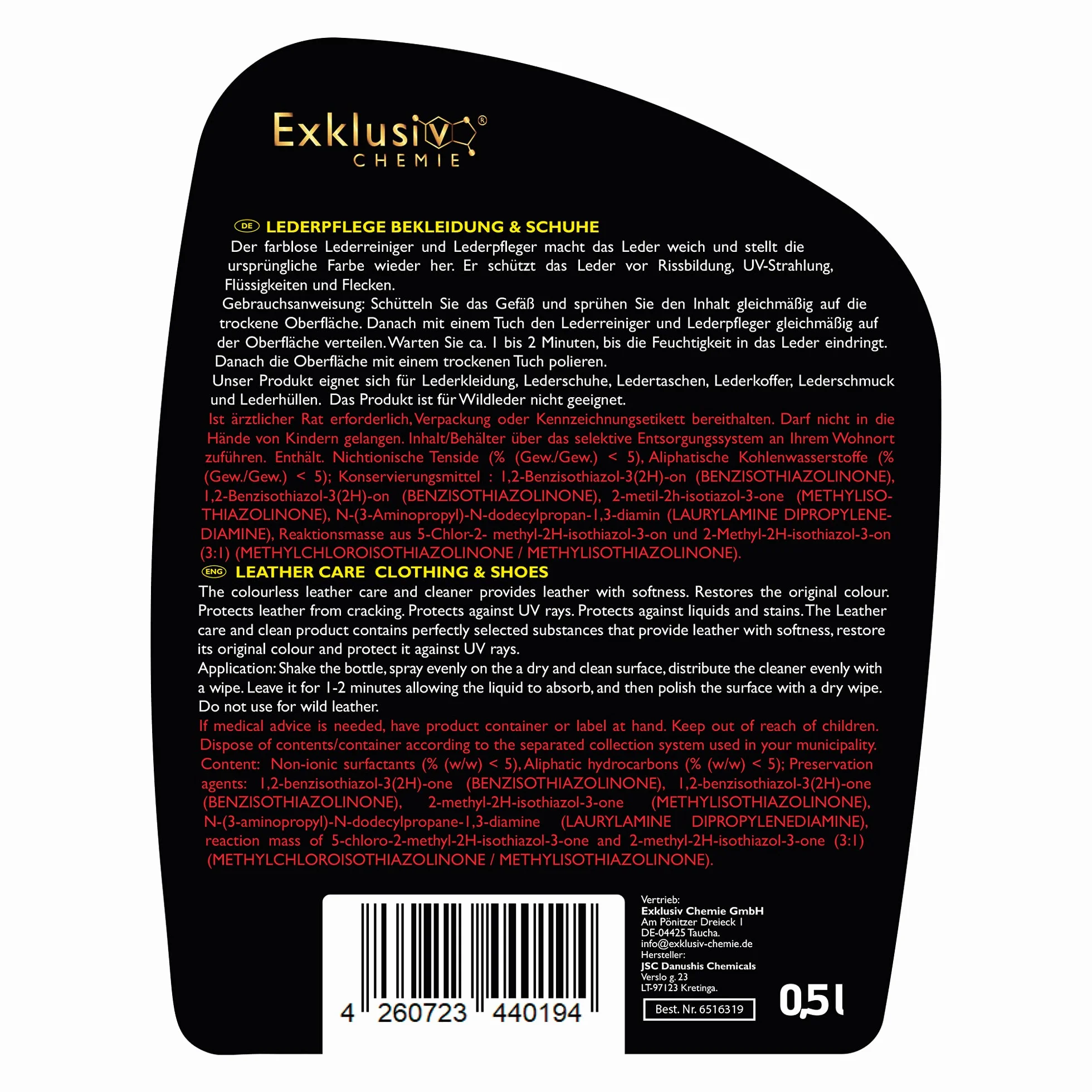 Exklusiv Chemie® Cura della pelle Cura della pelle Abbigliamento e scarpe | Cura della pelle per vestiti e scarpe di pelle | Spray per la cura della pelle | Pulitore per pelle | 500 ml | Per giacche in pelle, scarpe in pelle e borse in pelle
