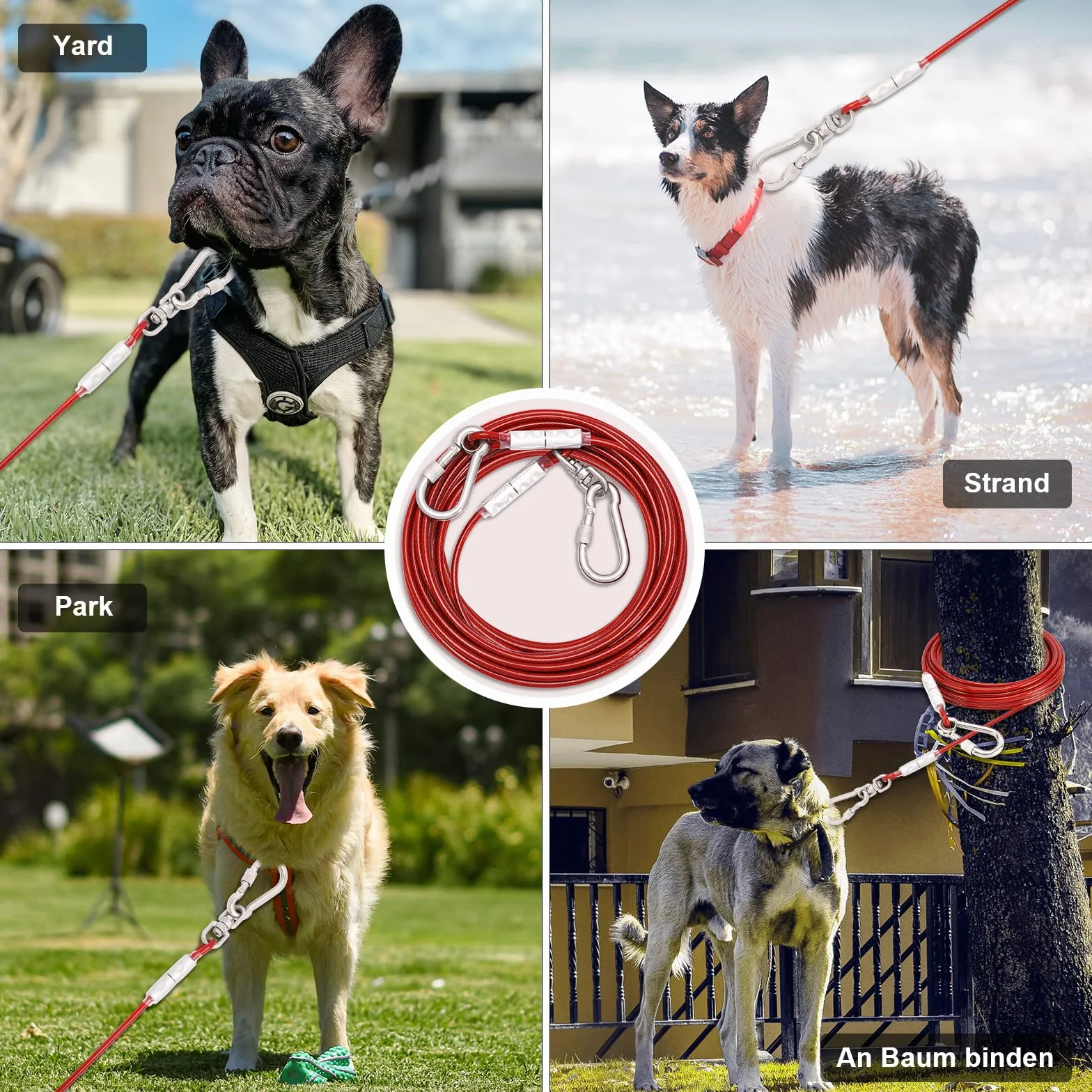 Tie-Out guinzaglio per cani, 3/6/9/15 m, per il cortile, guinzaglio per cani (rosso, 9 m