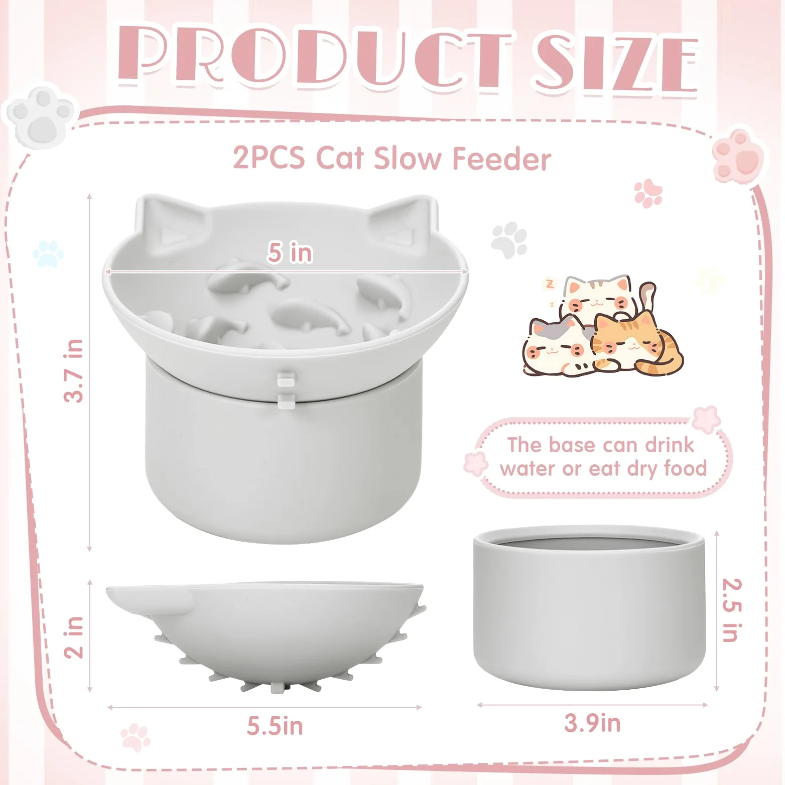 Funnymoom Confezione da 2 ciotole per gatti in silicone, per cibo secco e umido, design inclinato con base antiscivolo, angolo regolabile per animali domestici (grigio e rosa)