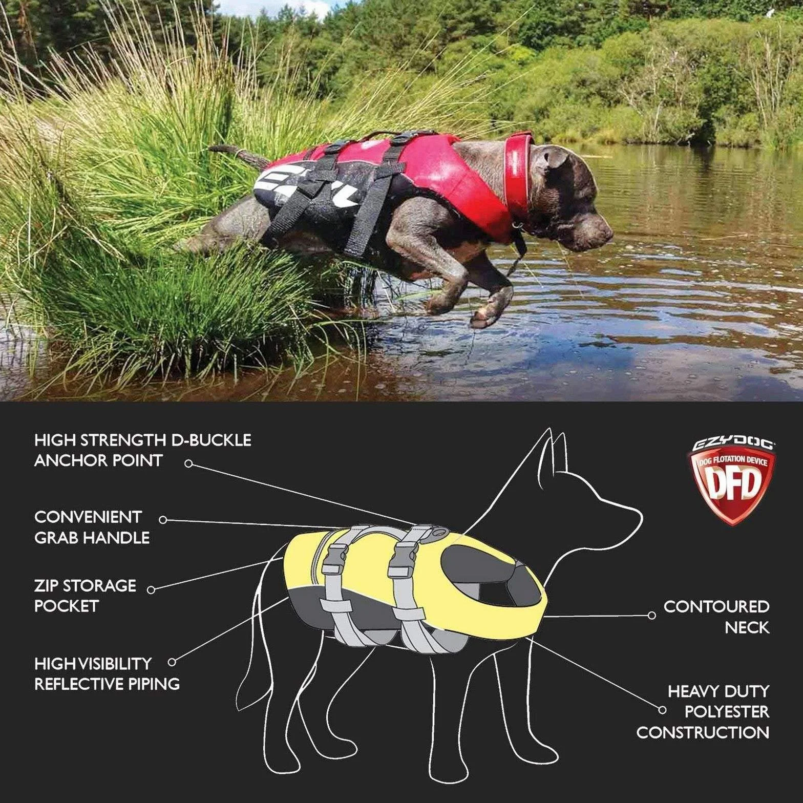 EzyDog Salvagente Cane Giubbotto di Salvataggio Regolabile per Cani Piccoli, Medi e Grandi Leggero Galleggiante con Maniglia (L, Rosso)