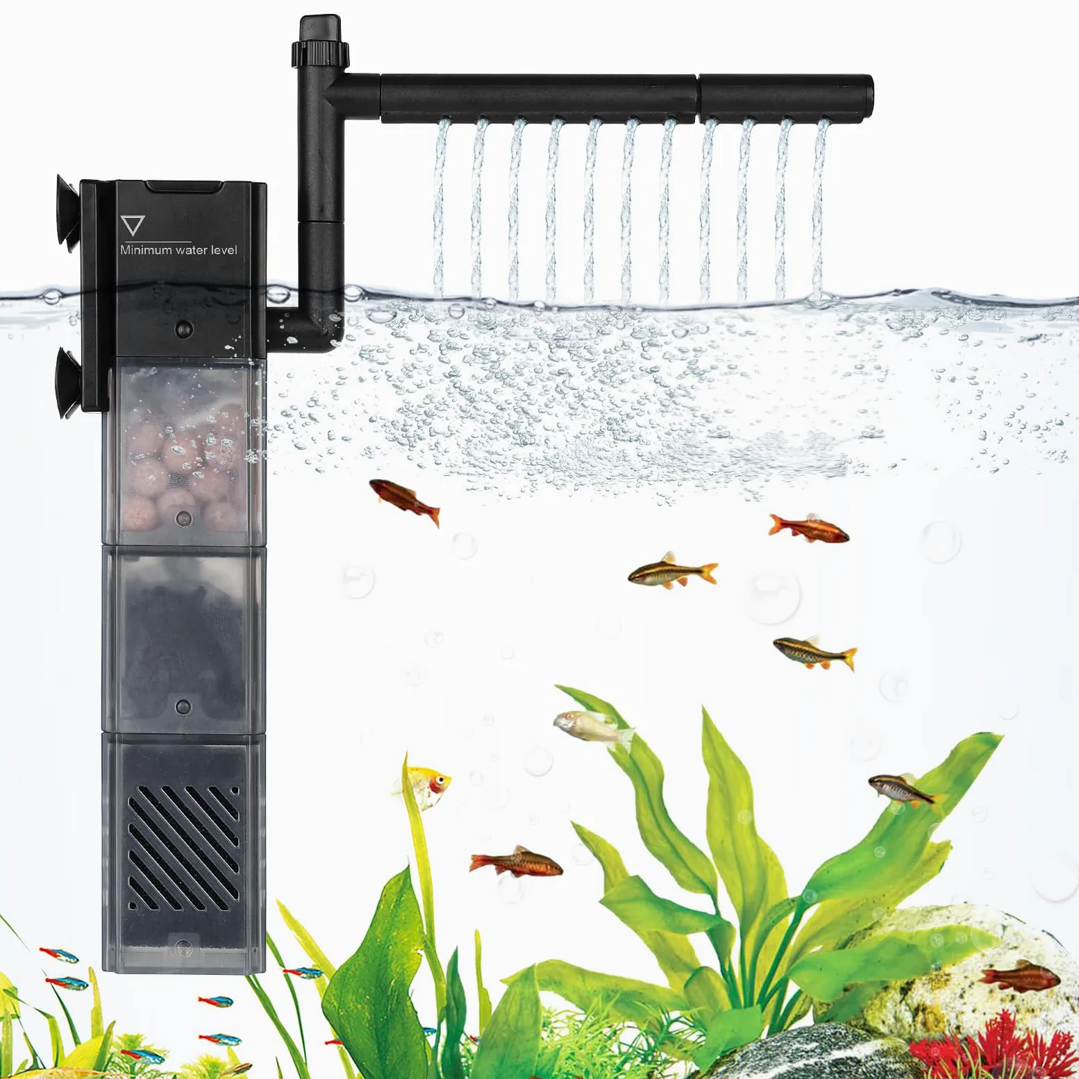 hygger Filtro 5 in 1 per acquario silenzioso, filtro interno per acquario a 3 stadi con aerazione e filtro sommergibile a flusso regolabile Rainfal per serbatoio da 13-35 galloni (9 W)