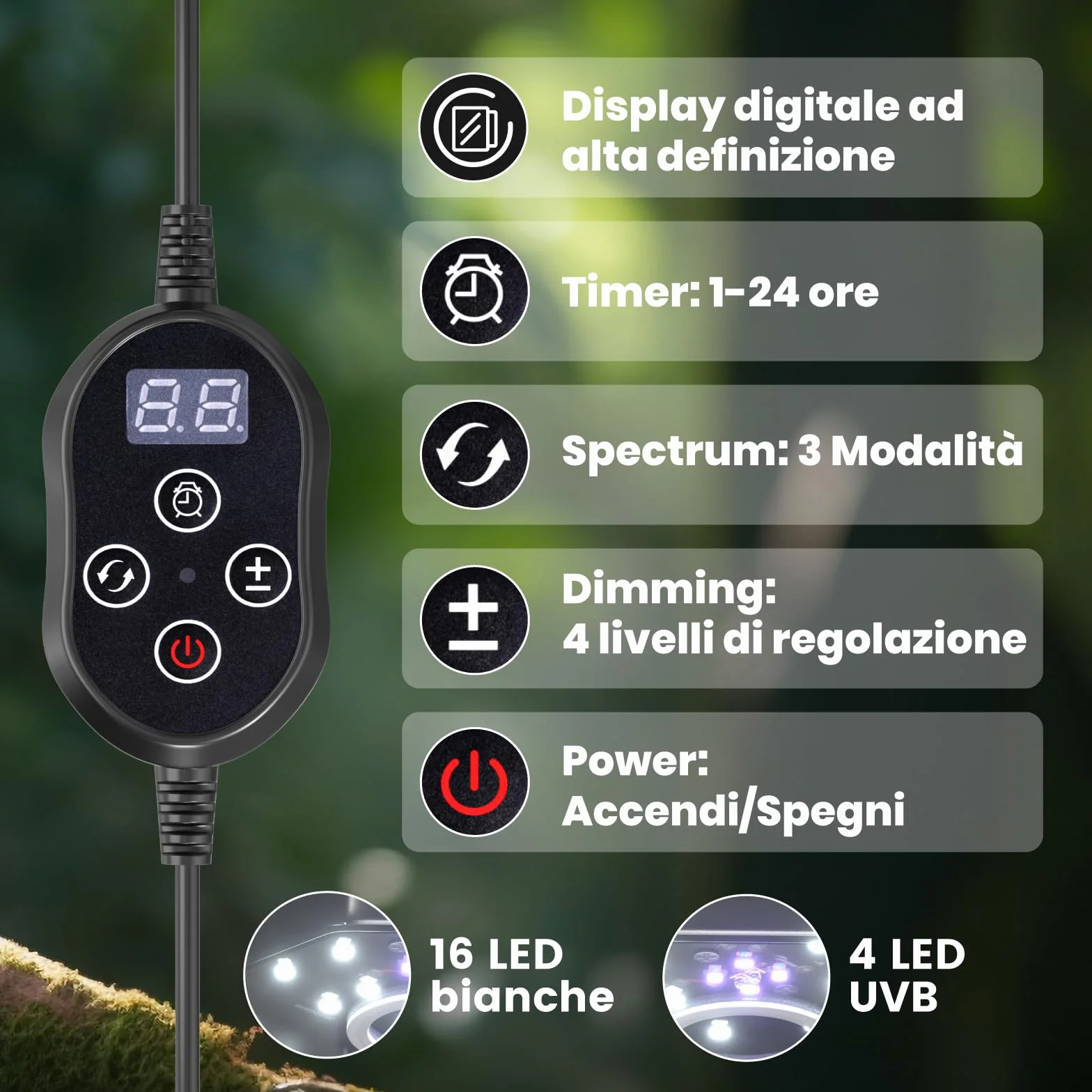 GlowUp Lampada Uccelli UVB 2.4 10W LED Spettro Completo Dimmabile per Gabbia Pappagalli