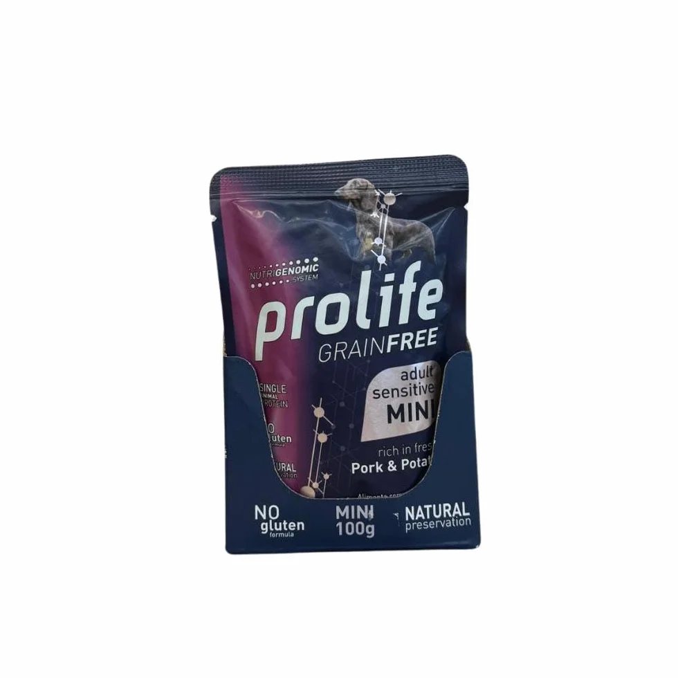 Prolife umido per cani monoproteico sensitive grainfree adult mini MAIALE e PATATE 100g | 12 bustine da 100g l'una.