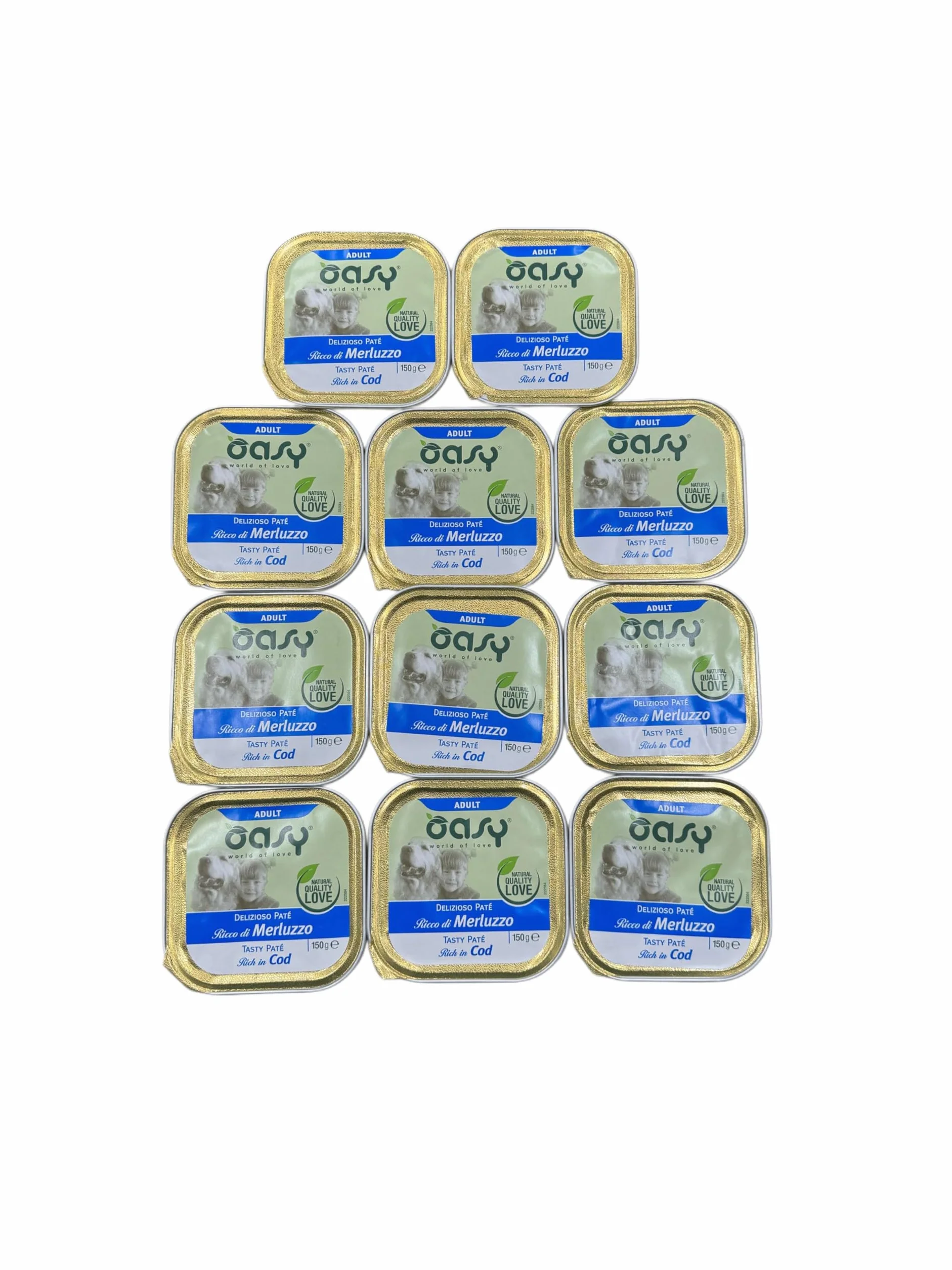 Oasy delizioso patè per cani adulti di tutte le taglie, gusto MERLUZZO | 11 vaschette da 150 grammi l'una.