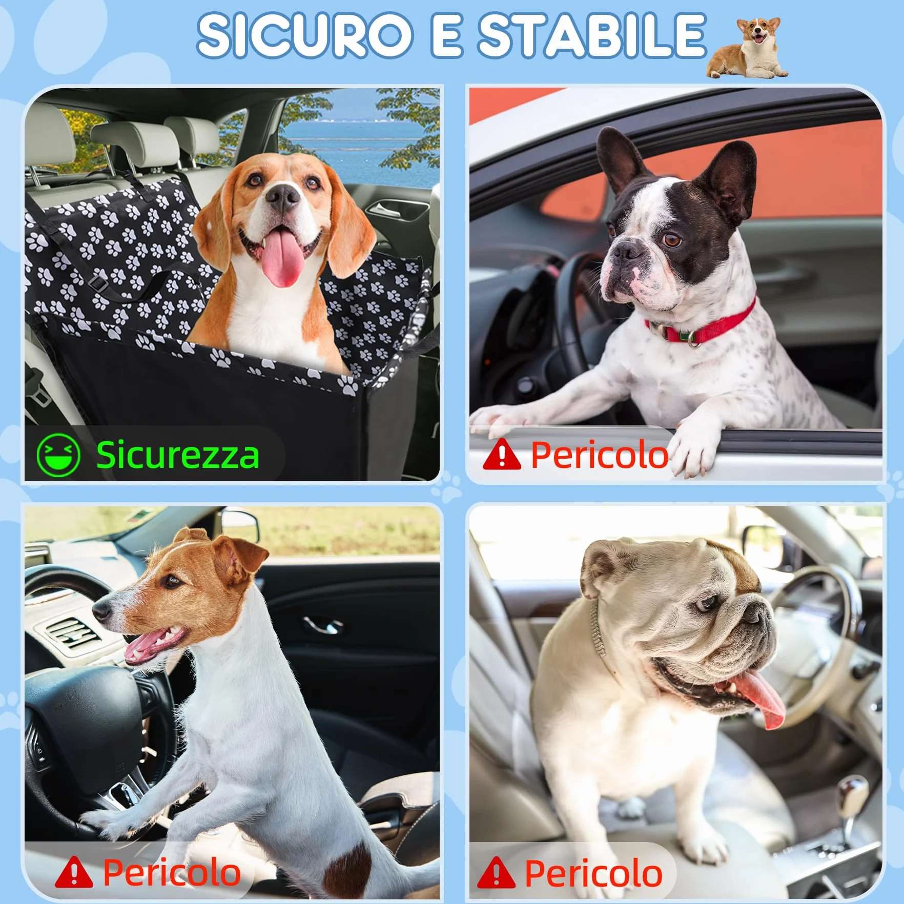 Seggiolino Auto Cane 3 in 1 Rialzato Pieghevole Impermeabile con Cintura di Sicurezza 68x57x33 cm