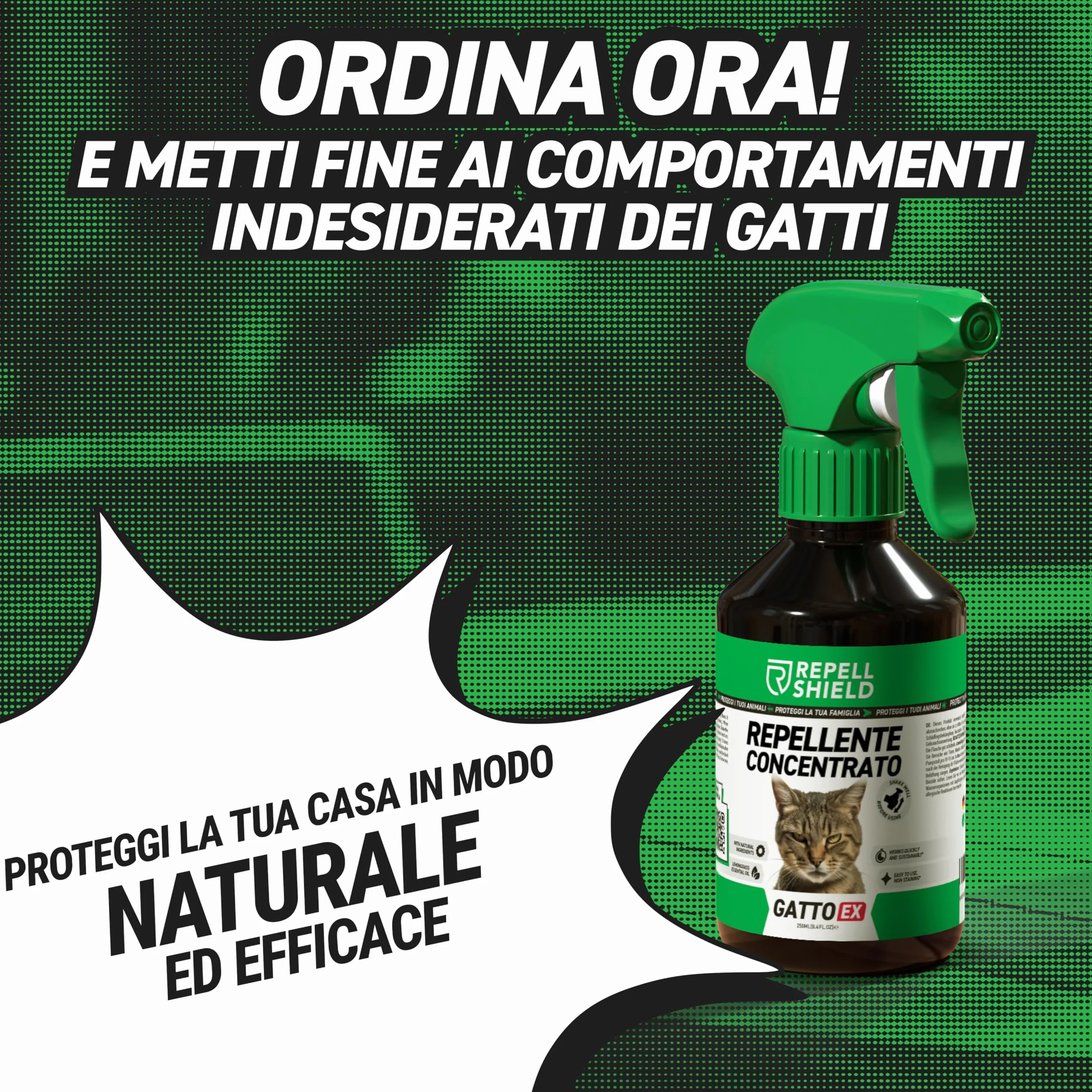 RepellShield® Spray Repellente per Gatti 250ml – Disabituante Naturale per Interni ed Esterni – Allontana Gatti da Divano, Giardino, Auto – AntiGraffio, Anti-marcatura – Sicuro su Superfici