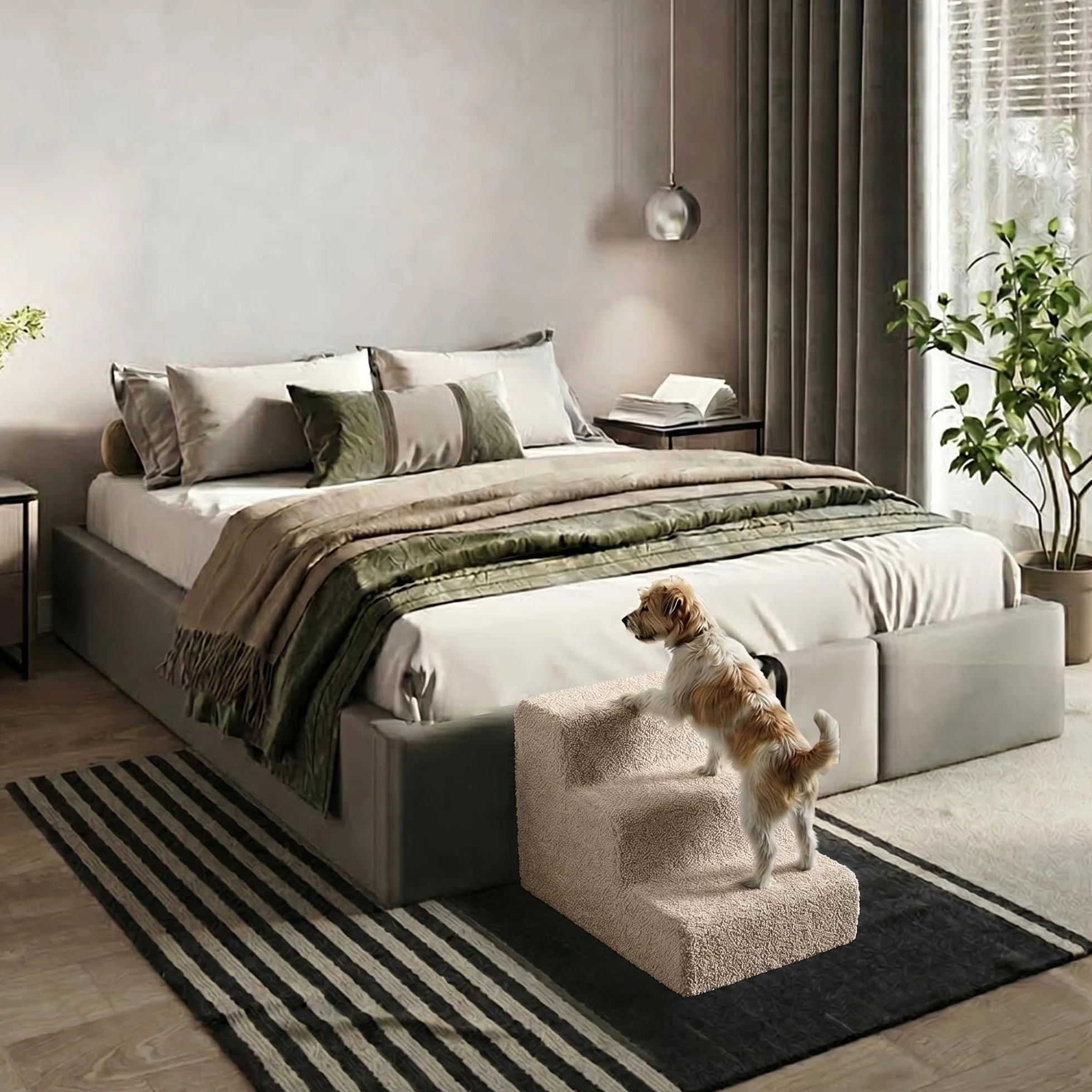 Murando Scala per Cani Piccoli 3 Gradini 30 cm Rampina in Schiuma Antiscivolo per Letto Matrimoniale Bouclé Crema