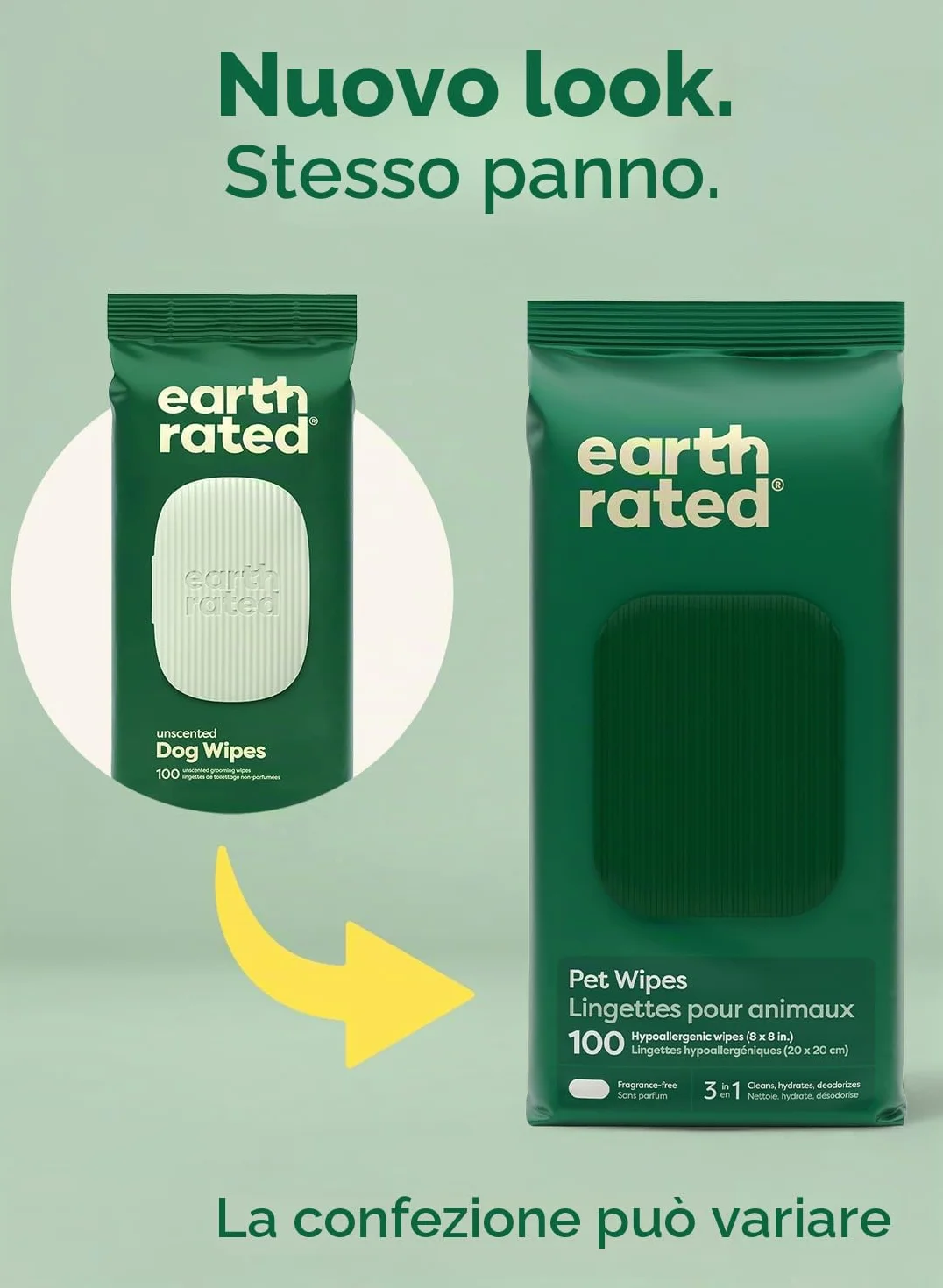 Earth Rated Salviette ipoallergeniche per Cani, puliscono ed eliminano Gli odori da Zampe, Corpo e Sedere, Senza Profumo, 100 Pezzi