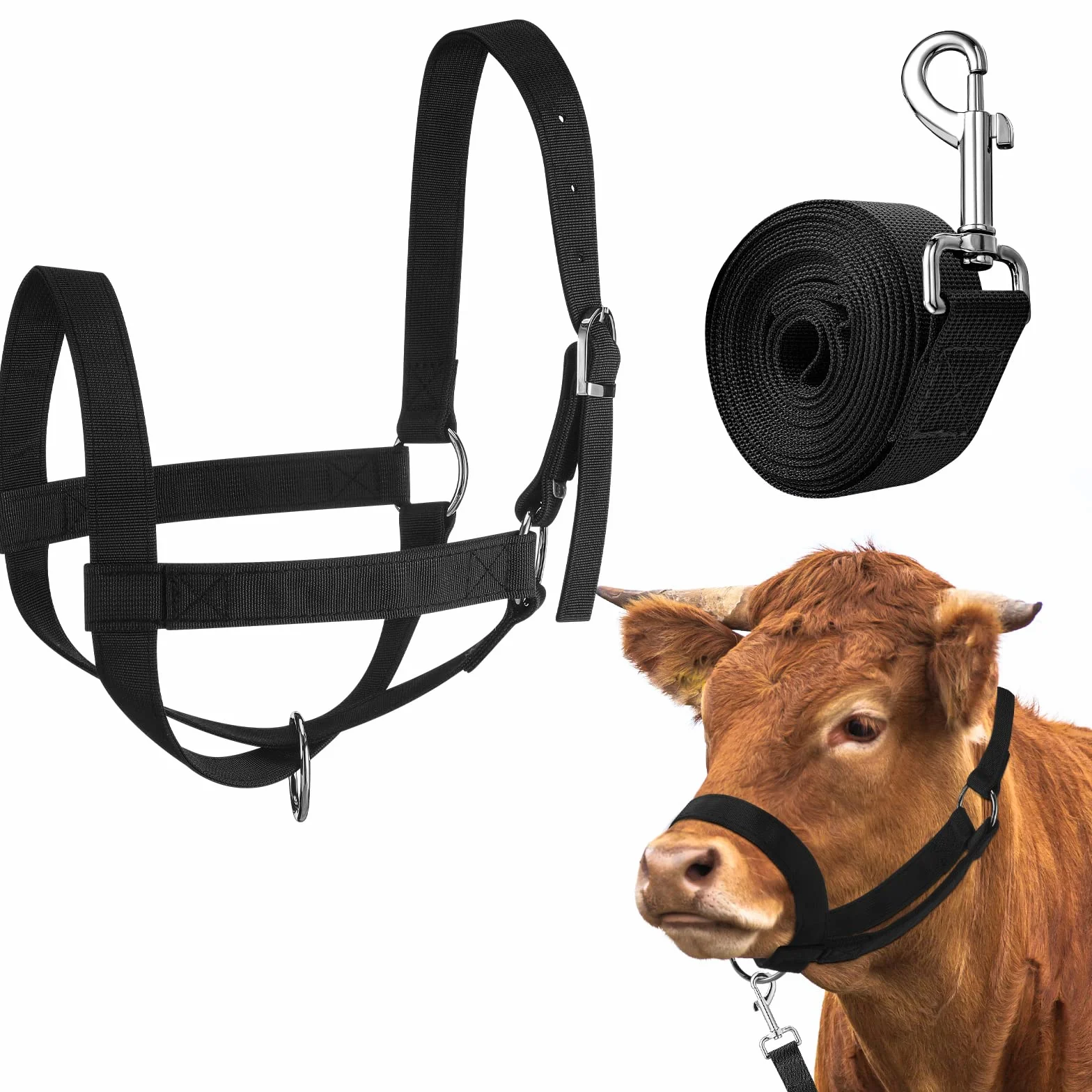 Hillban Cavezza per mucca Capezza per bestiame regolabile con corda di piombo per cavallo in miniatura asino capra puledro nylon bestiame forniture per addestramento