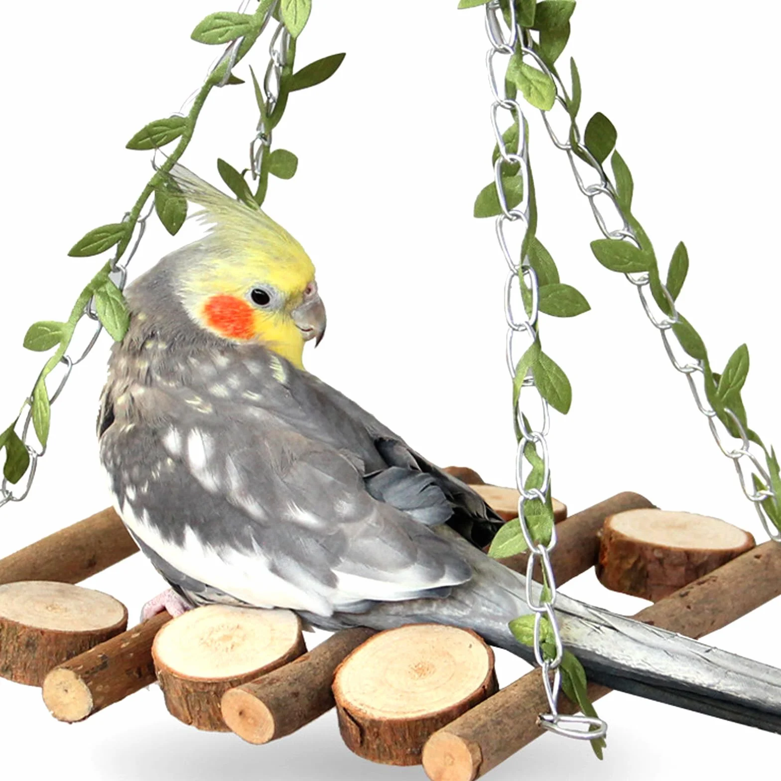 Altalena per Pappagalli in Legno Naturale con Trespolo e Giocattolo da Masticare per Parrocchetto, Calopsitta