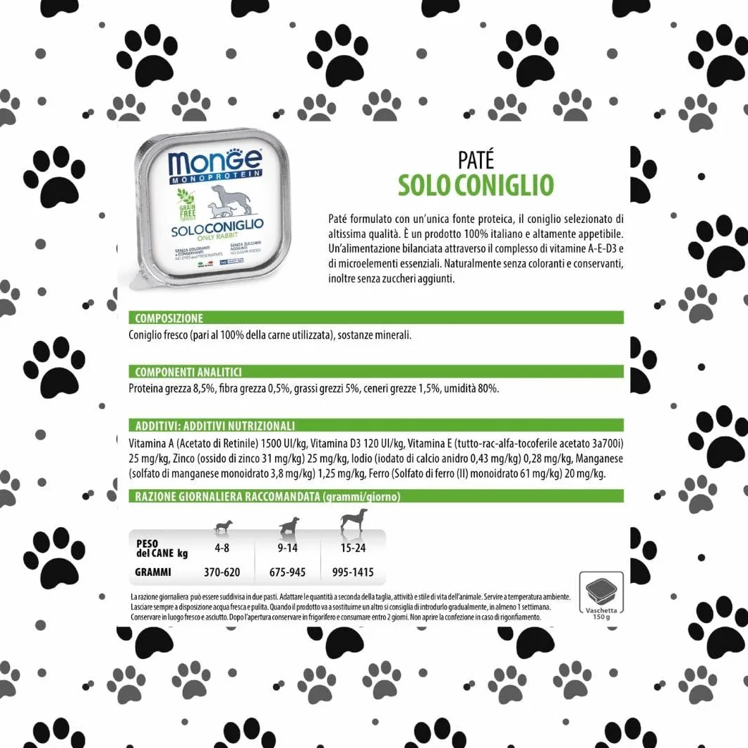 Monge Monoprotein umido cane gusto SOLO CONIGLIO formula grainfree | 12 vaschette da 150 grammi l'una.