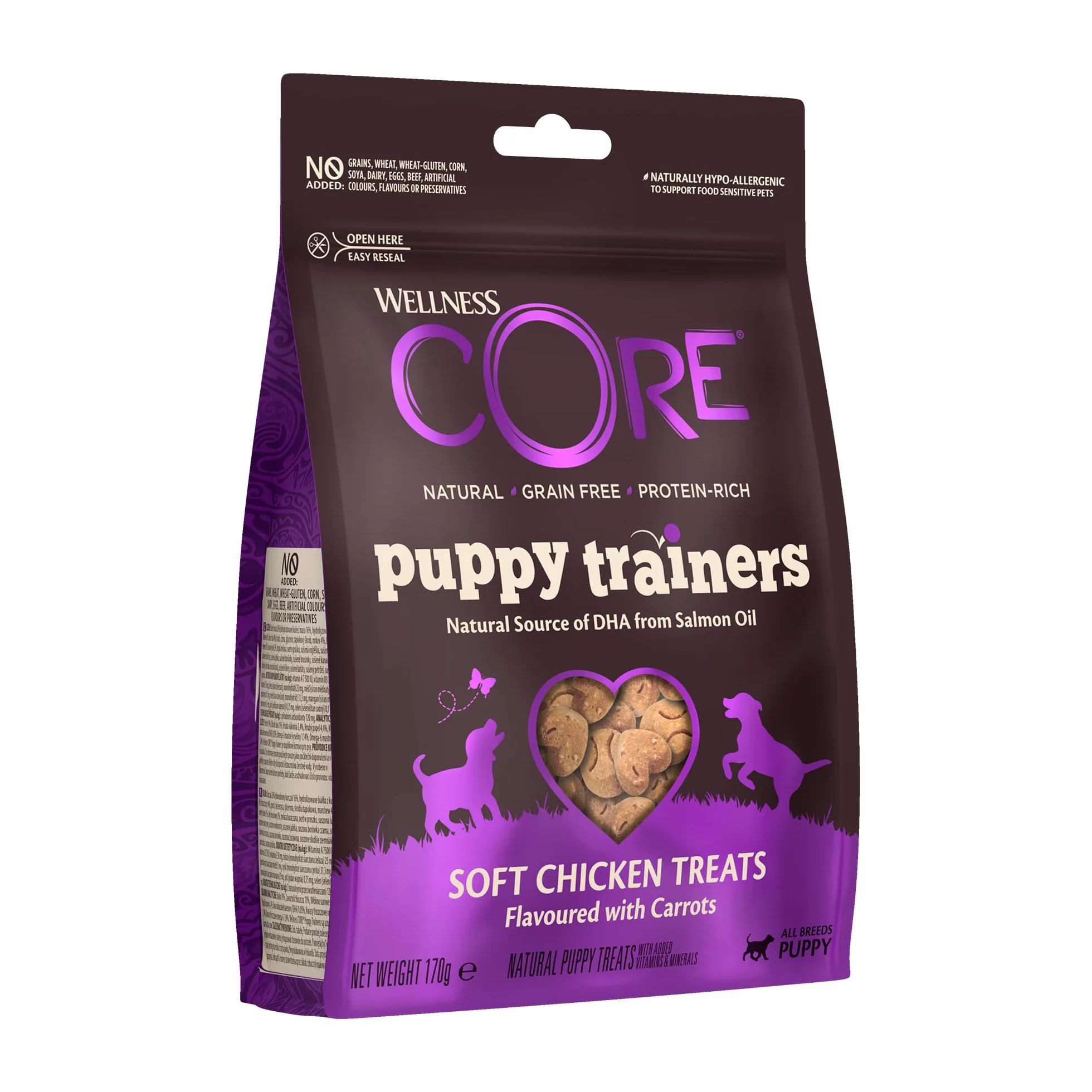 Wellness CORE Training Treats 170g, Pollo/Carote – Snack Morbidi per Cuccioli, Senza cereali, Naturale, Ipoallergenico, Ricco di Proteine, Alto Contenuto di Carne, Perfette per l’Apprendimento