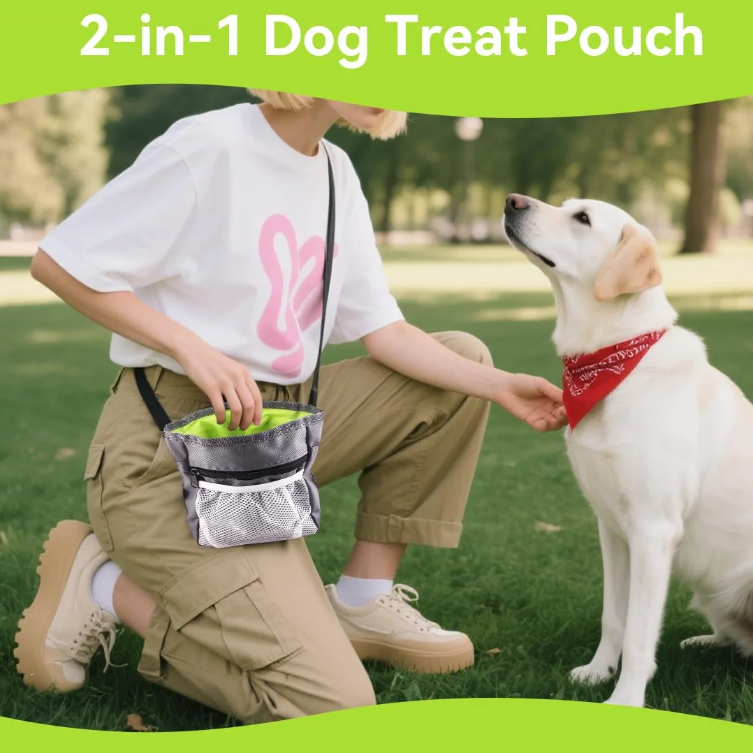 Borsa Premietti Multifunzione per Cane, Borsa in Nylon Oxford con 3 Modi d'Uso (Anca, Cintura, a Tracolla), Facile da Pulire, Grigio, 18x14x6cm, con Tasca per Sacchetti della Cacca