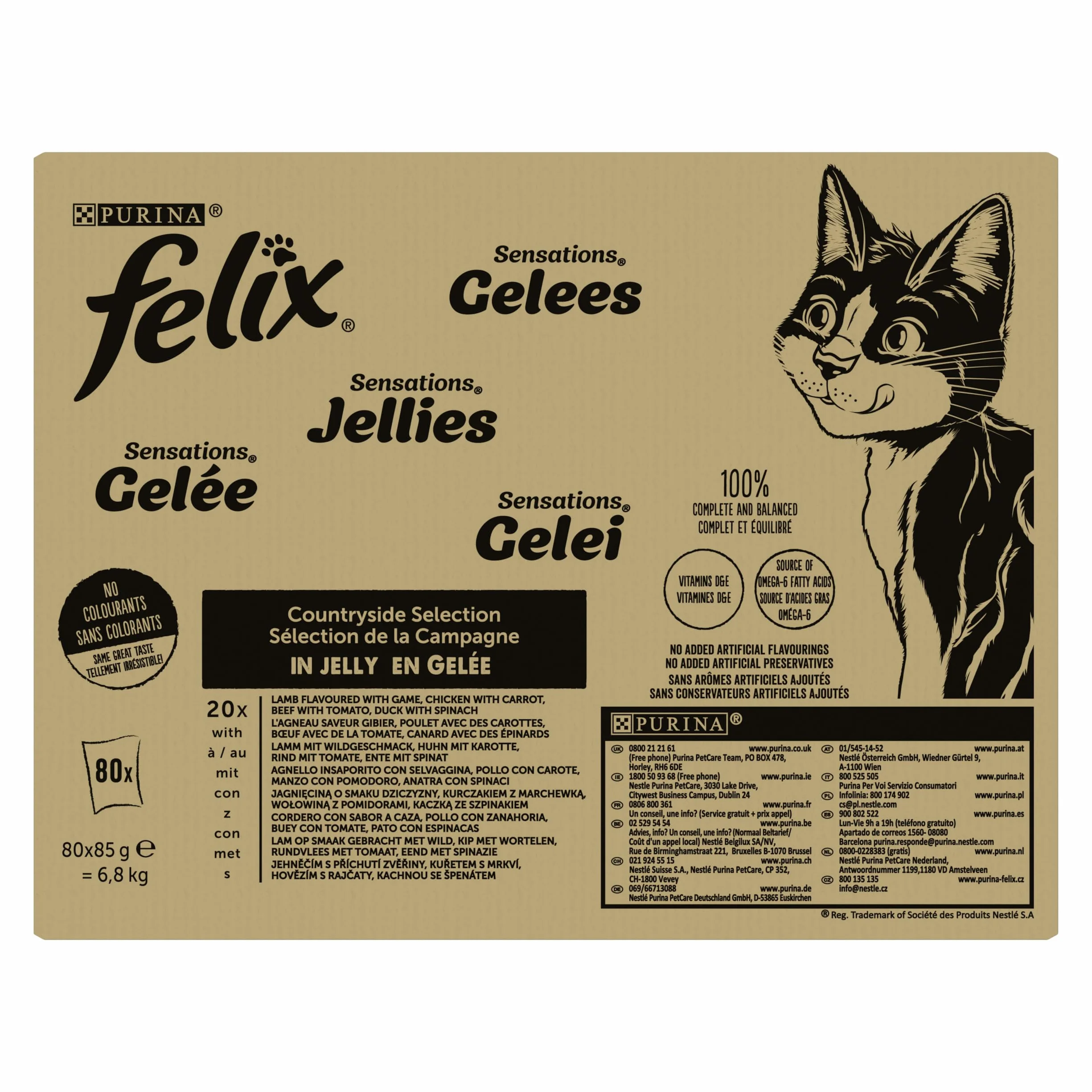 FELIX Sensations Jellies Cibo Umido per Gatti Adulti Bocconcini in Gelatina con Anatra e Spinaci, Agnello e Selvaggina, Manzo e Pomodoro, Pollo e Carote 80 Bustine da 85 g cibo per gatti