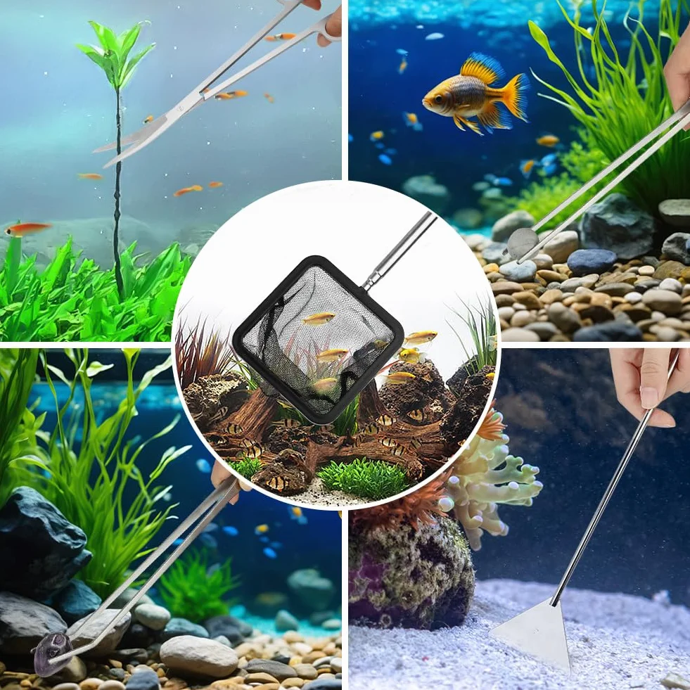 Flintronic Set 7 in 1 Attrezzi per Acquario in Acciaio Inox con Pinzette Forbici Spatola Imbuto