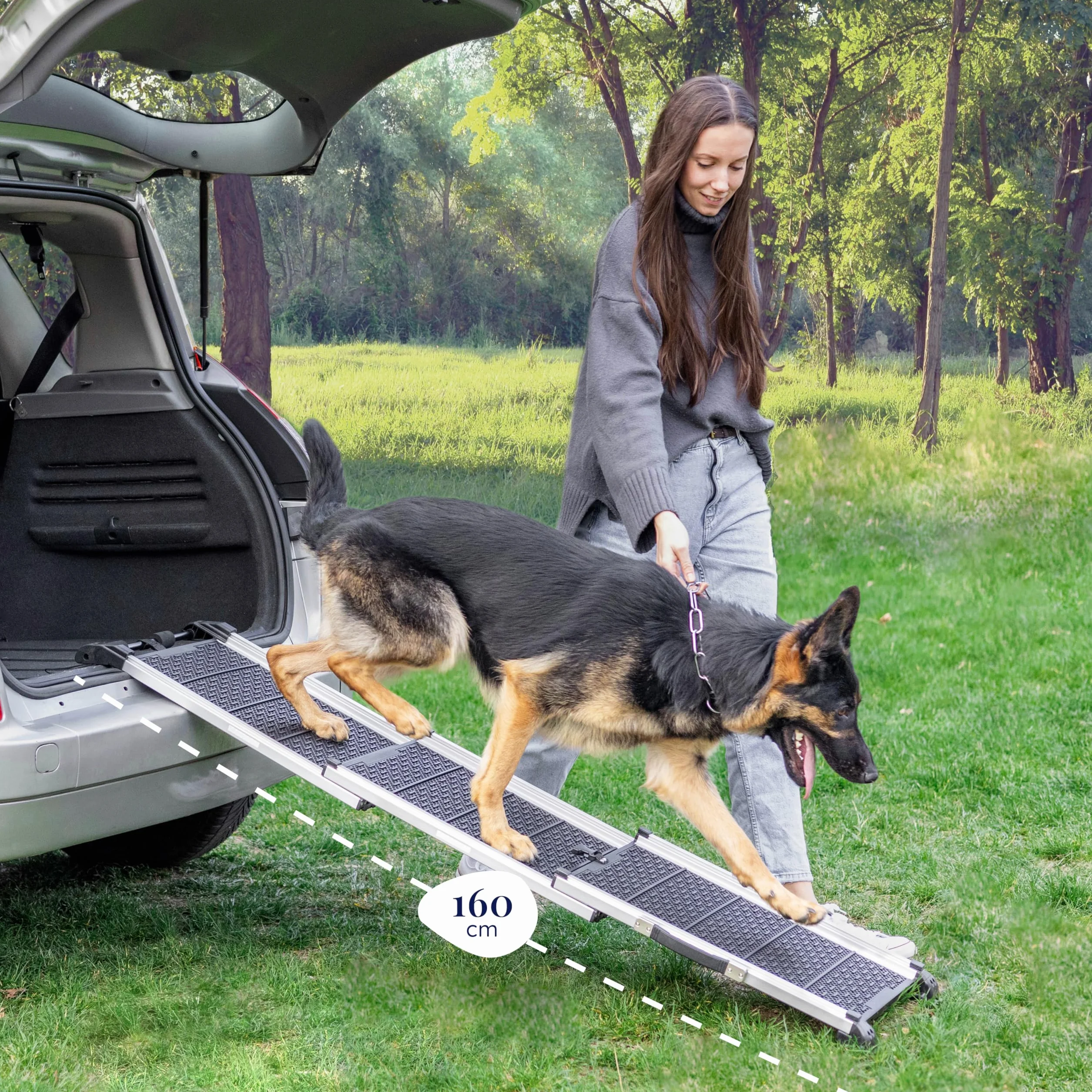 Rampa per Cani per Auto, SUV – Rampe Telescopiche Estensibili per Cani di Grossa Taglia – STABILI – ANTISCIVOLO – Sicurezza Notturna Lati Riflettenti – Capacità 90 kg – Clip di Bloccaggio – Nero
