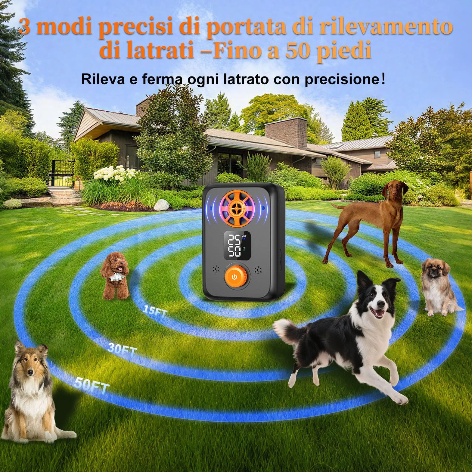 Dispositivo Antiabbaio per Cani Ultrasuoni - Ultrasuoni per Cani Ferma Abbaio Automatico con 5 modalità Frequenza, 3 Portate, Interno/Esterno Efficace