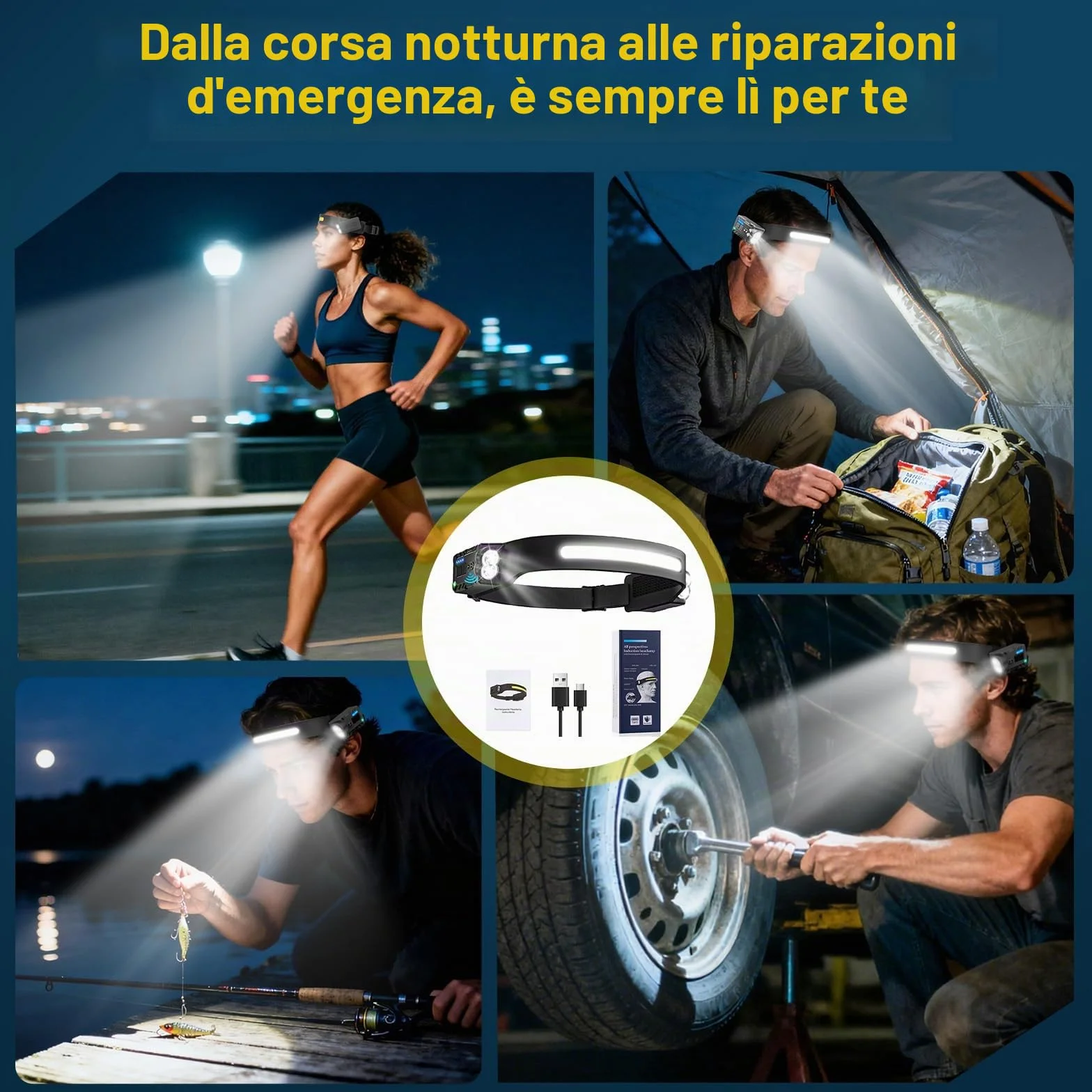 Oderra Torcia Frontale LED Ricaricabile Impermeabile IPX4 8 Modalità Illuminazione