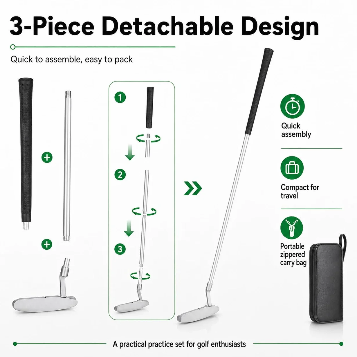 Mazza da Golf in Lega di Alluminio Staccabile, Putter per Golfisti Destri, Set Golf da Ufficio con Palline e Sacca, per Allenamento Indoor o Outdoor