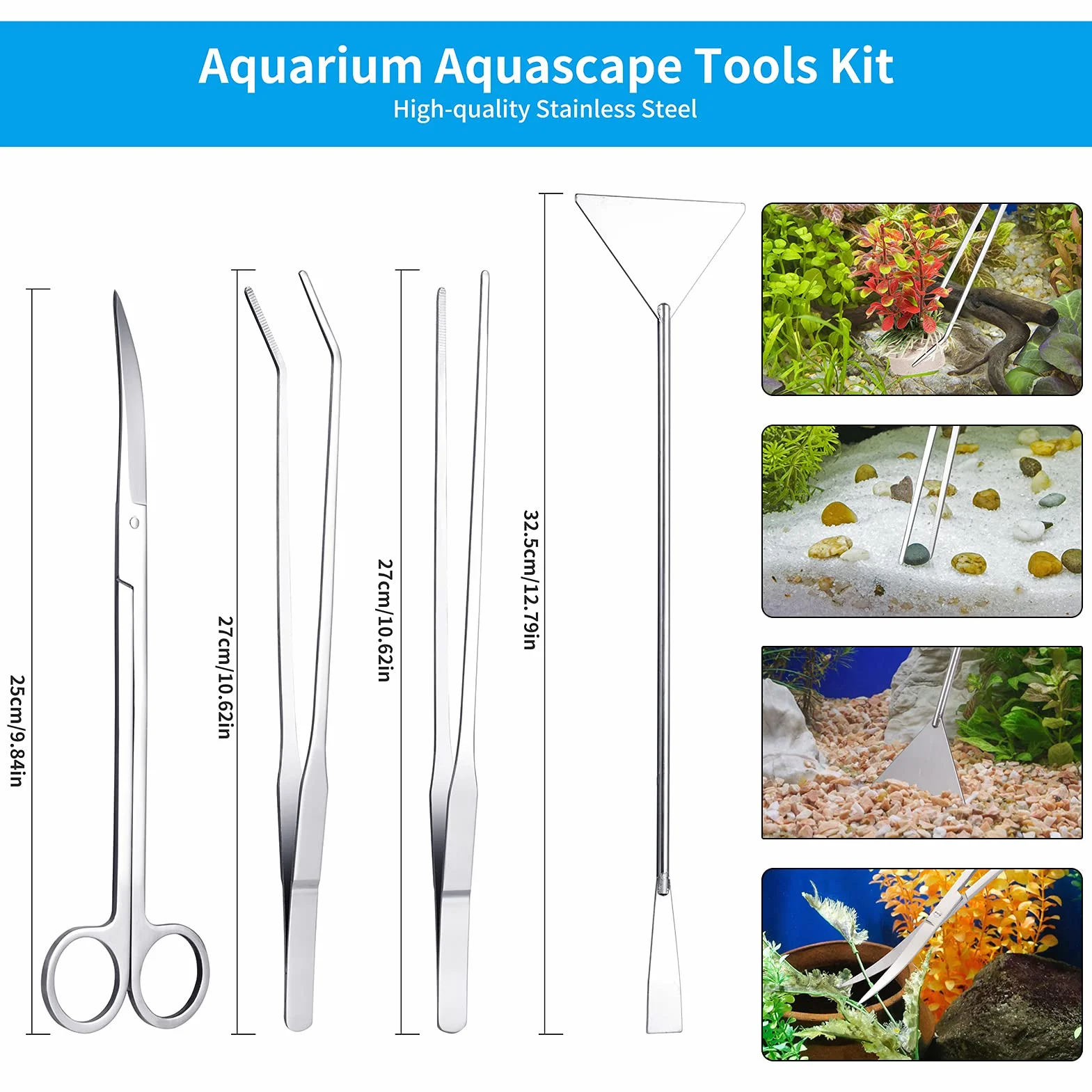 Kit strumenti acquario forbici pinzette dritte curve spatola pulizia serbatoio pesci argento