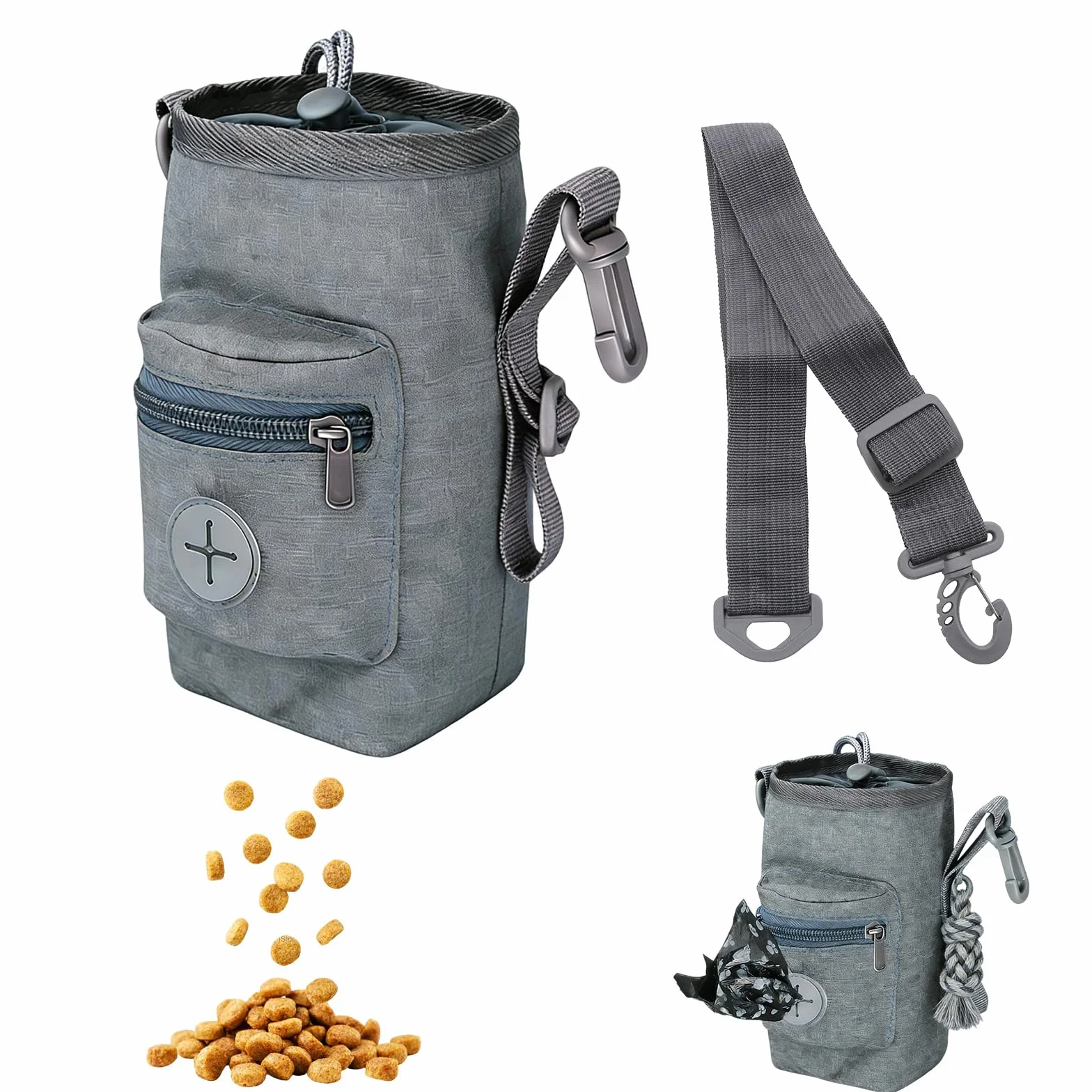 Porta Premietti per Cani, Porta Sacchetti Cane, Borsa Addestramento Cane con Cordoncino Porta Crocchette Contenitore Crocchette Porta Snack Cane, Cintura Regolabile per Vita, Grigio