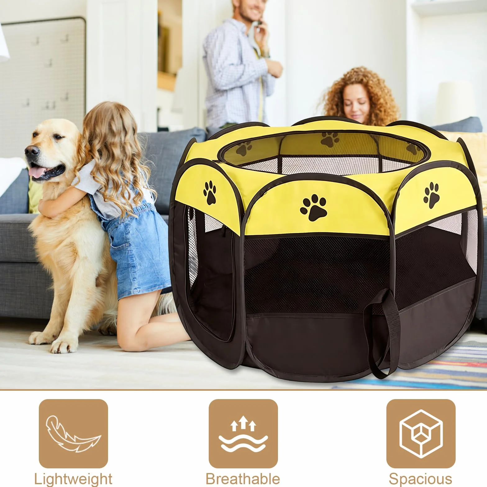 Recinto per Cani da Interno, Portatile Box Cani per Interno ed Esterni, Box Pieghevole per Cane e Gatti, Kennel Cane Piccolo, Gabbia per Gatto, Cucciolo Conigli, 74 x 74 x 43 cm (Giallo)