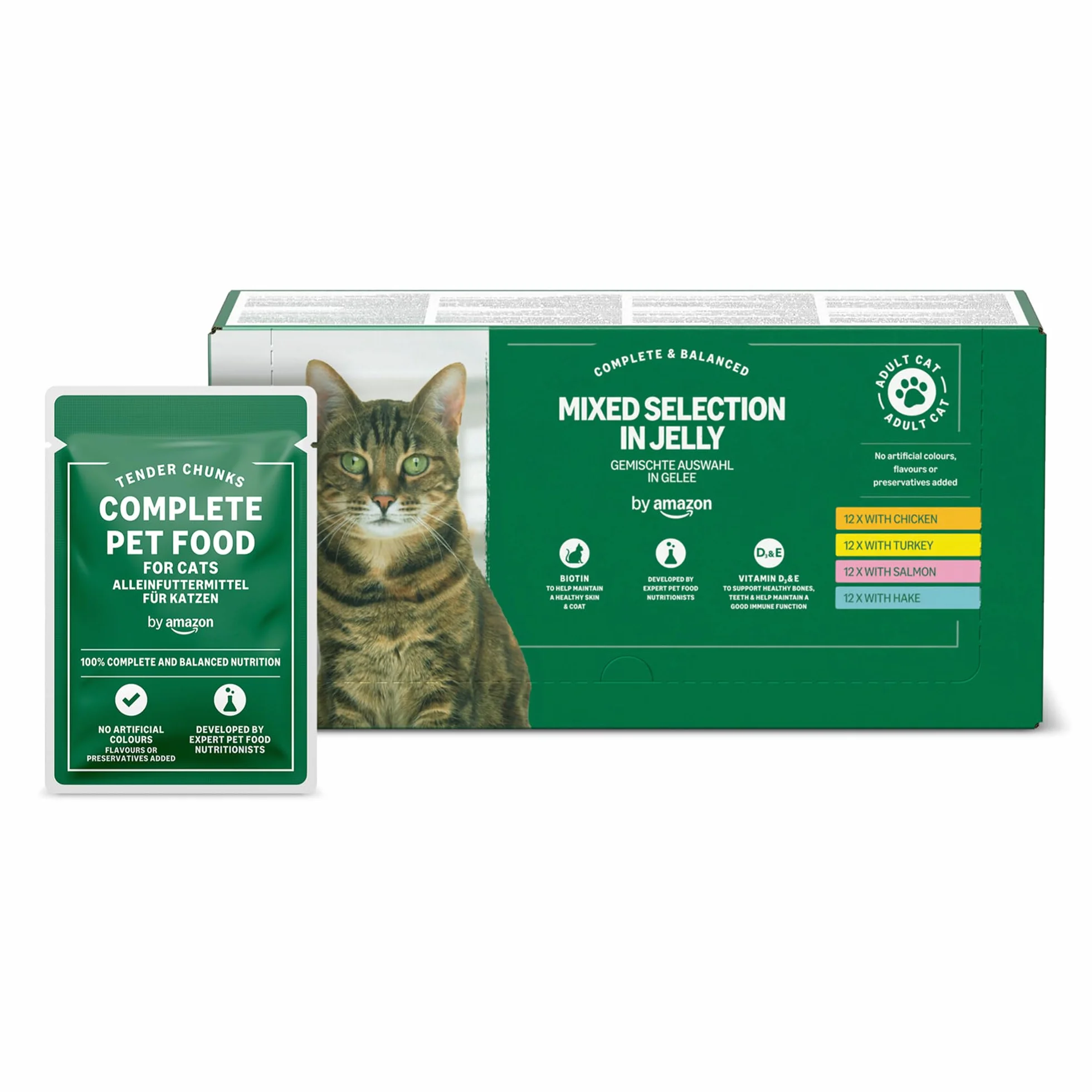 Amazon Alimento completo senza cereali per gatti adulti, selezione mista in gelatina, 4,8 kg (48x100 g)