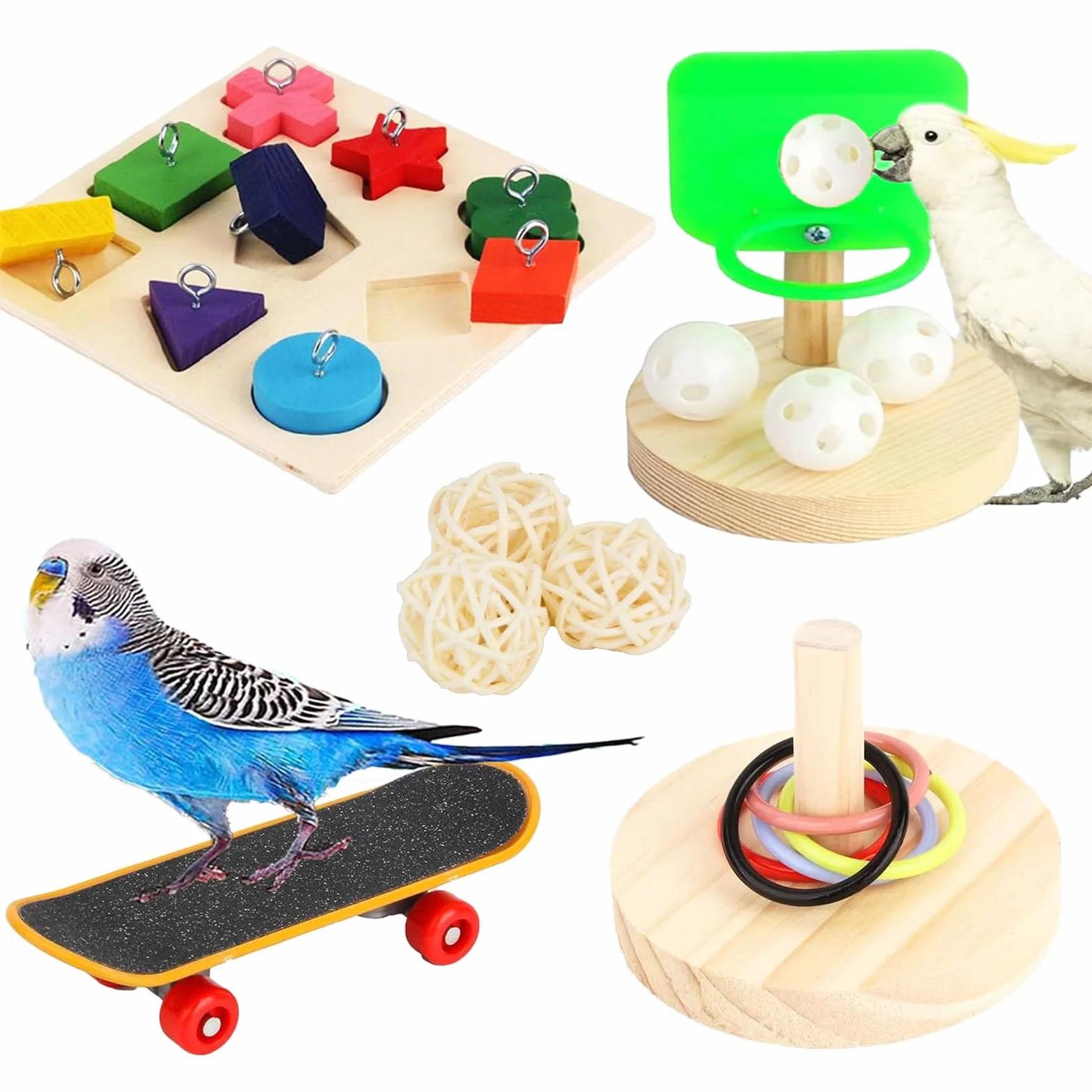 Giocattoli Pappagalli Set di 4 Giochi Addestramento Uccelli Pappagallino Ondulato Scooter Basket Anello Impilabile Riconoscimento Blocchi Legno Calopsitta