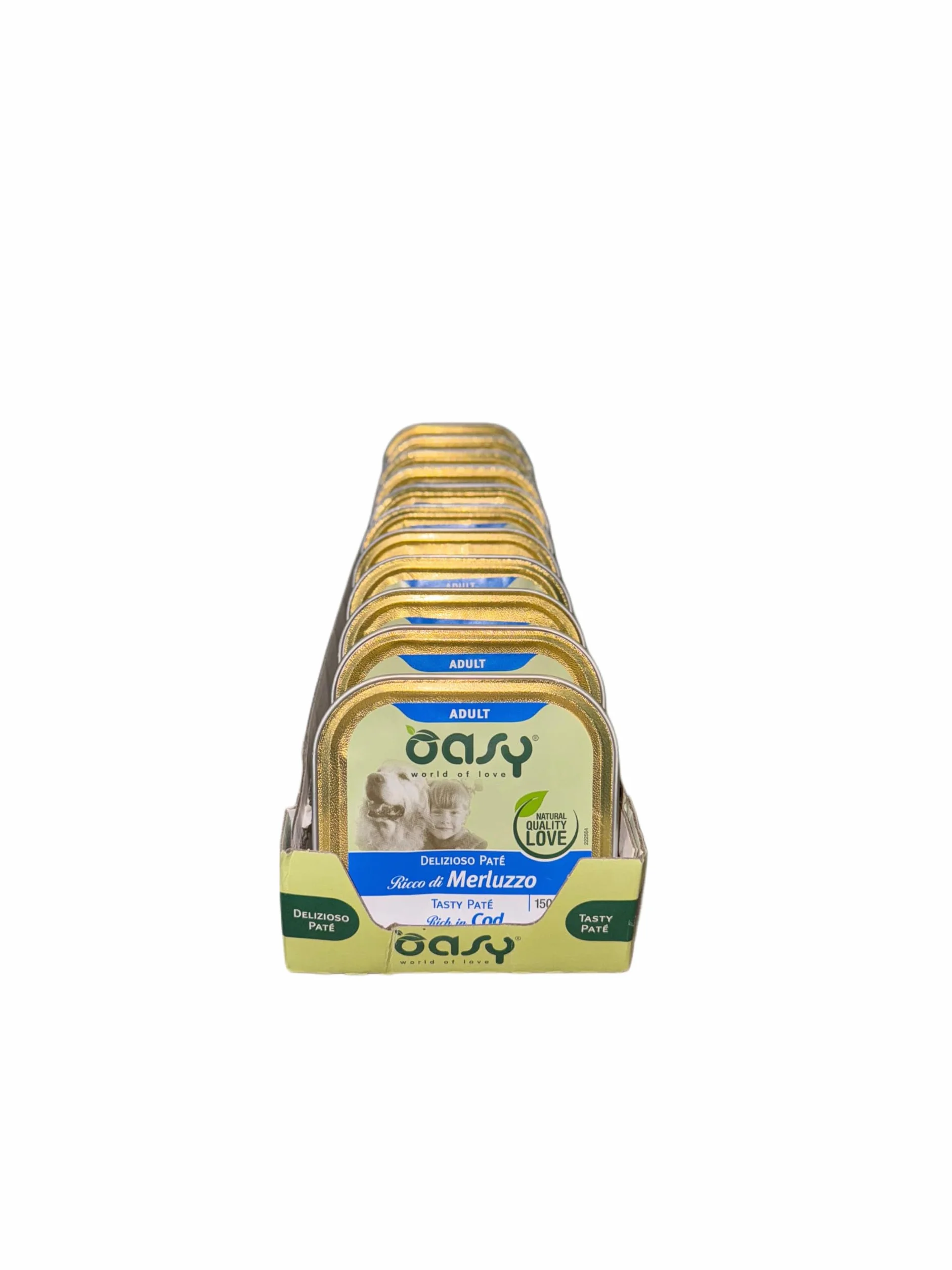 Oasy delizioso patè per cani adulti di tutte le taglie, gusto MERLUZZO | 11 vaschette da 150 grammi l'una.