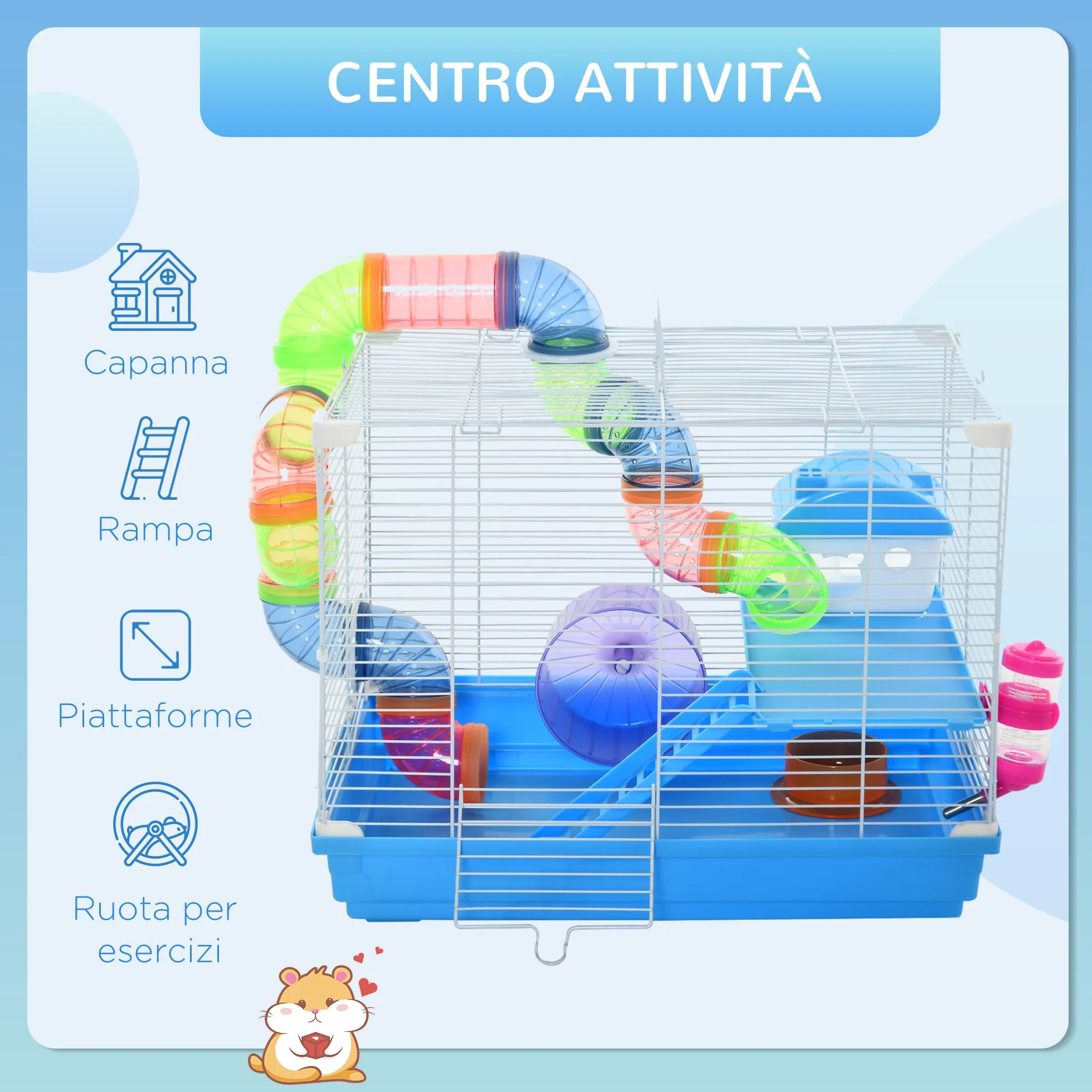 PawHut Gabbia per Criceti a 2 Livelli con Tunnel 46x30x37cm Blu e Bianca | Serbatoio per Acqua, Vassoio Rimovibile, Ruota per Criceti