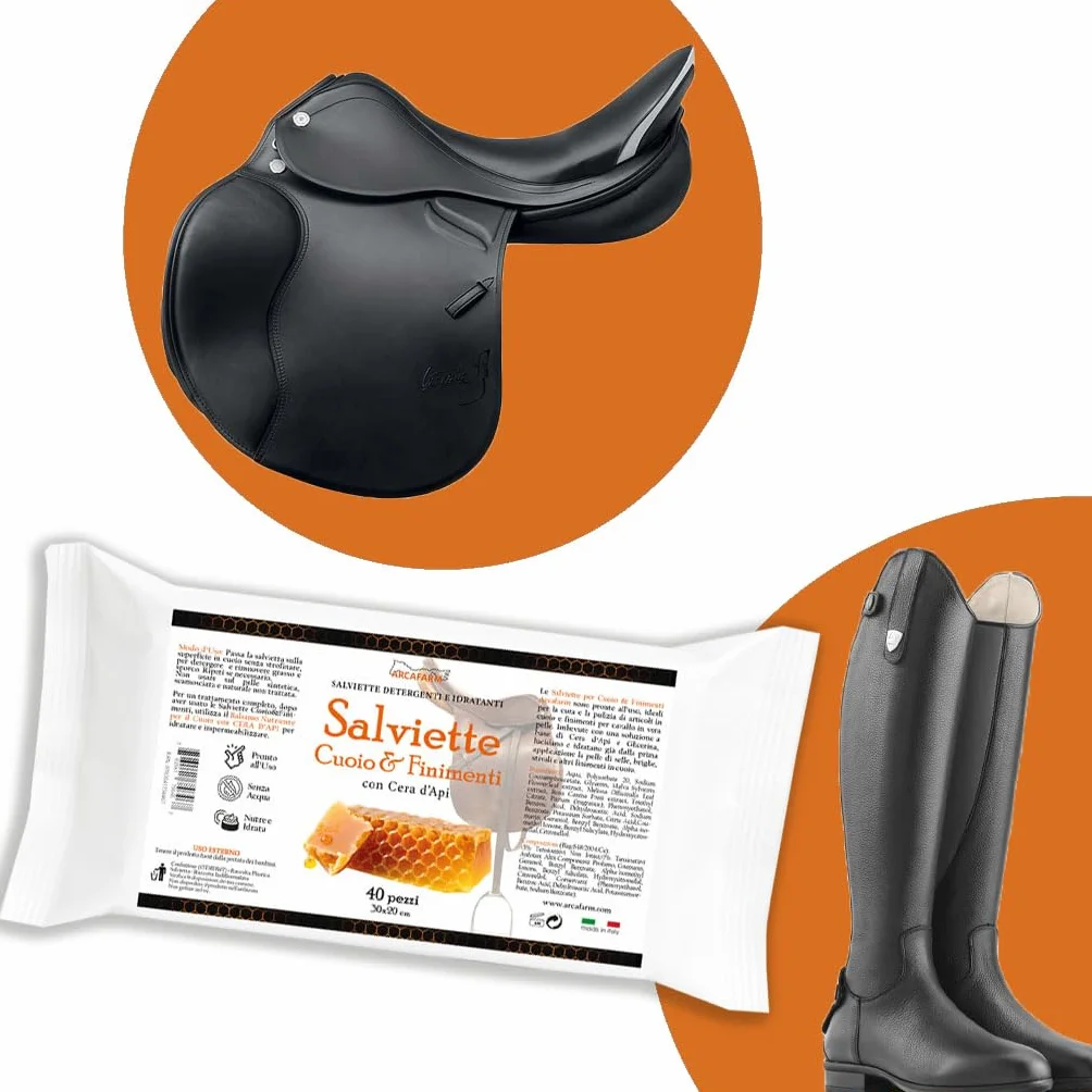 Salviette per Cuoio e Finimenti SAPOWIPE profumo Miele e Cera d'Api Arcafarm 40 Pezzi - Pulizia senza Acqua per pelle e cuoio, Selle, stivali e accessori Equitazione, azione idratante e nutriente