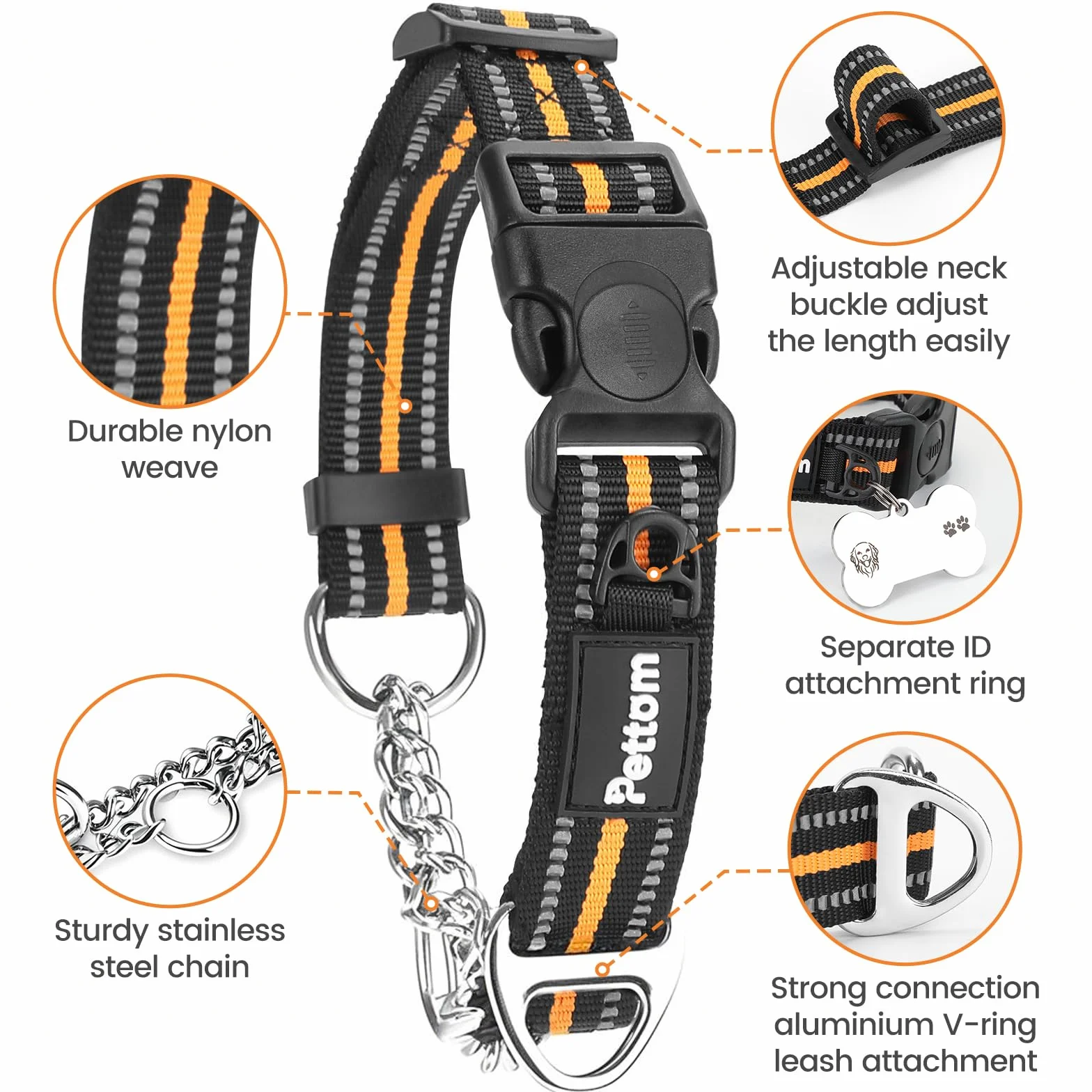 PETTOM Collare Semistrozzo Cane, Collare Cane Con Serratura di Sicurezza, Regolabile e Riflettente, Collare a Strozzo per Cani di Piccola, Media e Grande Taglia (S, Arancia)