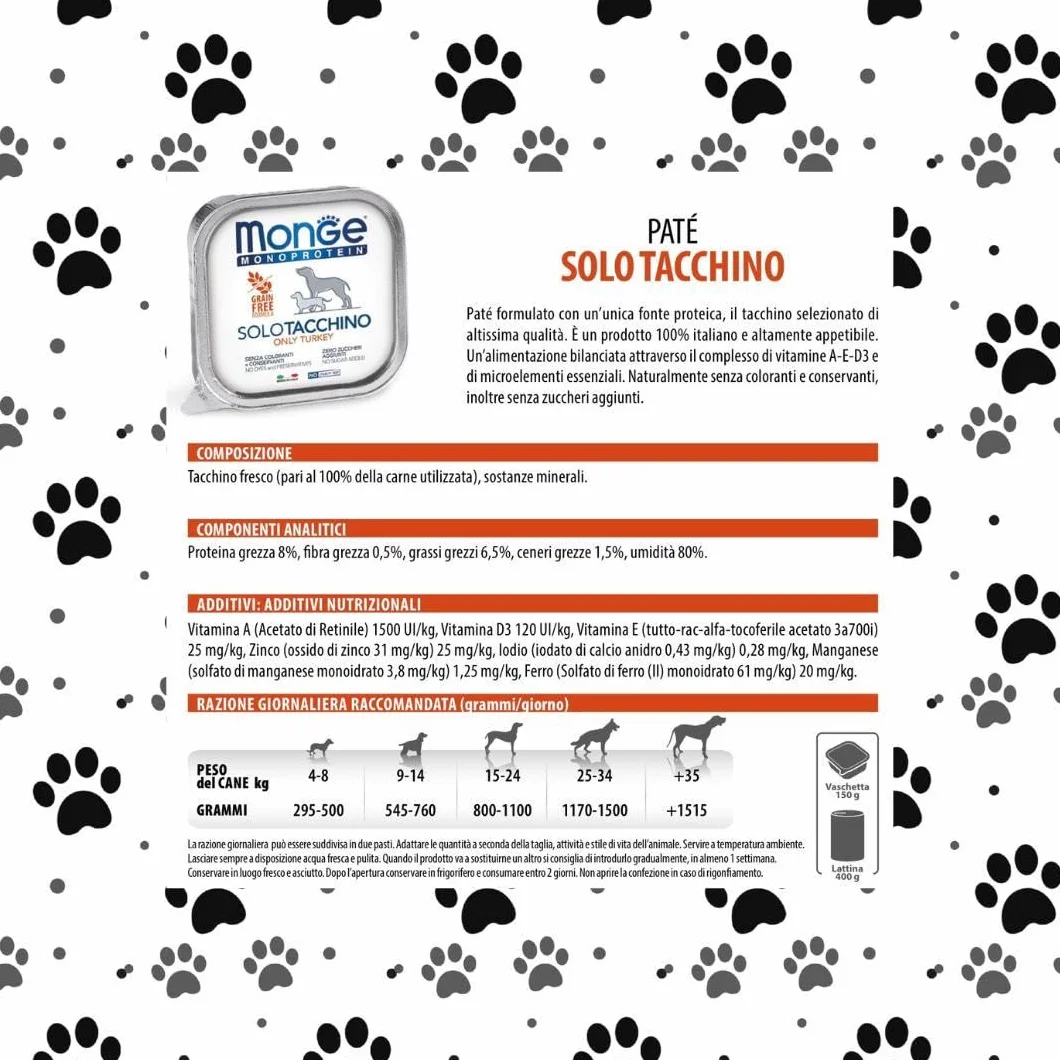 Monge Monoprotein cane, umido monoproteico per cani di tutte le taglie gusto SOLO TACCHINO formula grainfree | 12 vaschette da 150 grammi l'una.