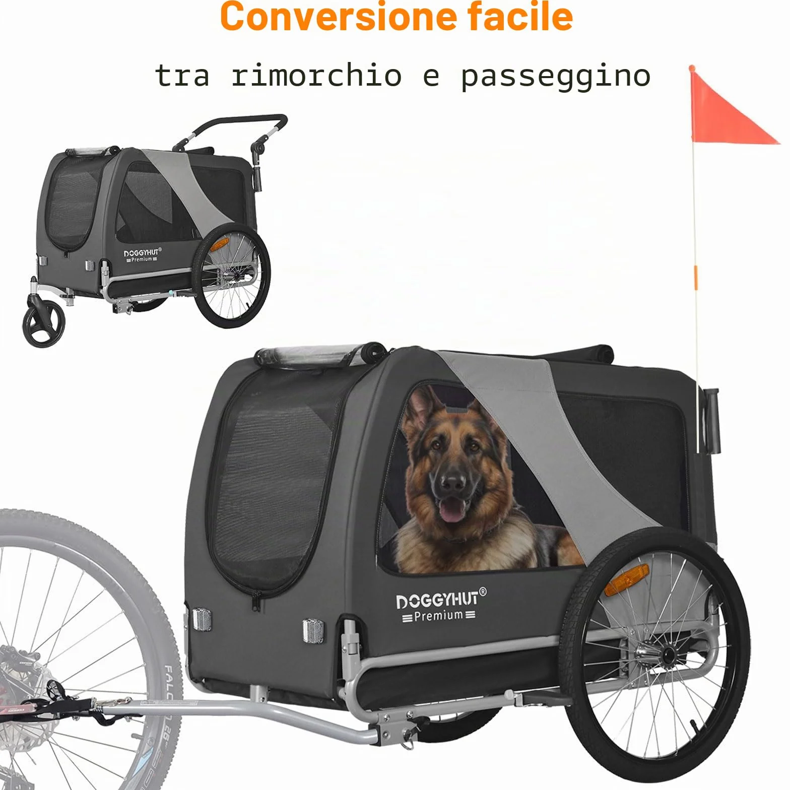 DOGGYHUT® - Rimorchio per bicicletta 2 in 1 per cani e jogging, 23 – 45 kg, per cani, per bicicletta, 80106 (grigio)