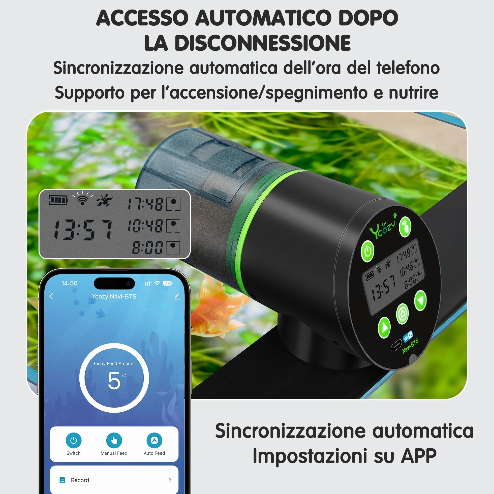 Ycozy WiFi Mangiatoia Automatica Acquario con Telecomando App, Alimentato a Spina Distributore Automatico Cibo Pesci con spina UE e cavo USB-C Distributore Cibo Pesci Display LCD | Navi-BTS