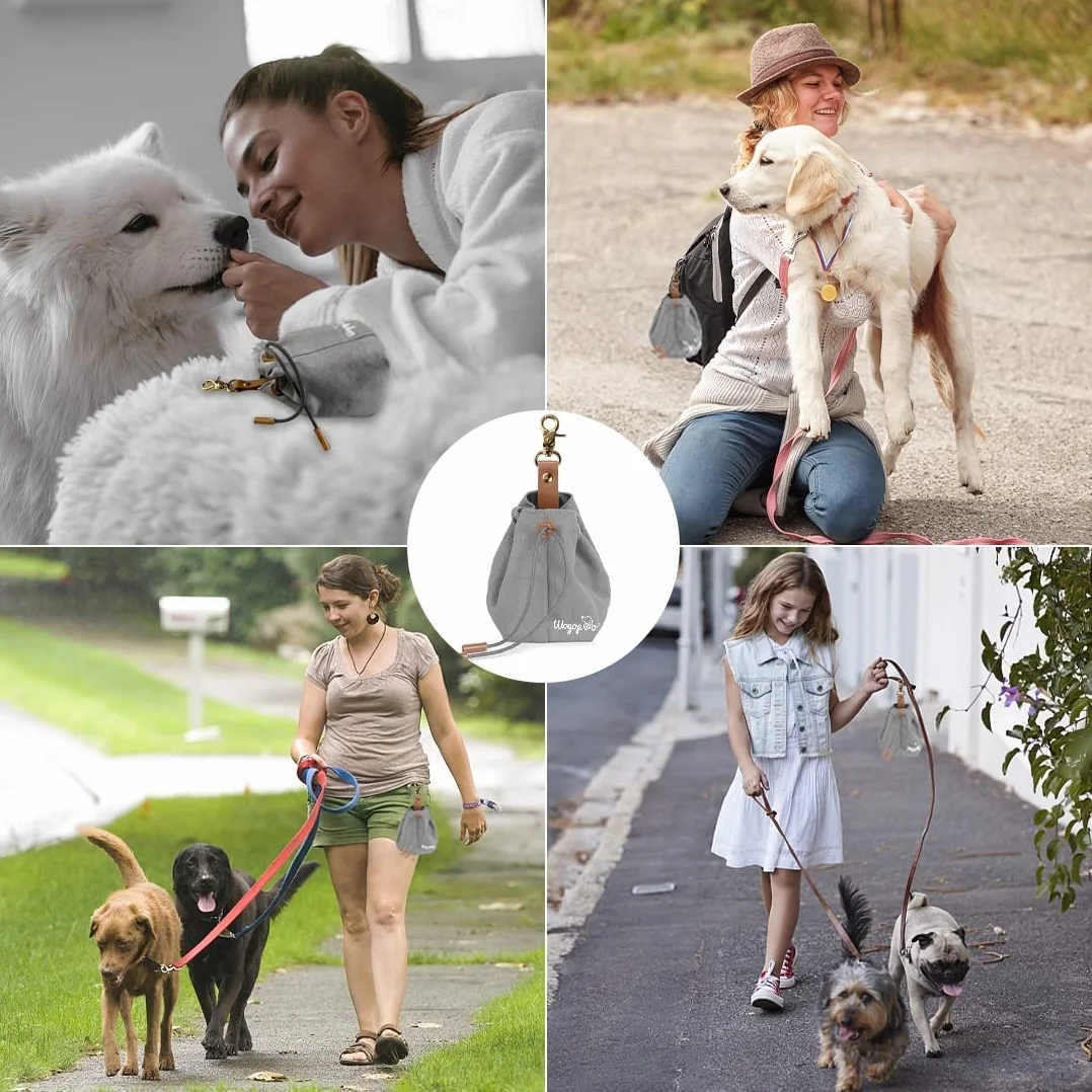 Sacchetto per cani in tela con clip e corda, per addestramento del cane (grigio)