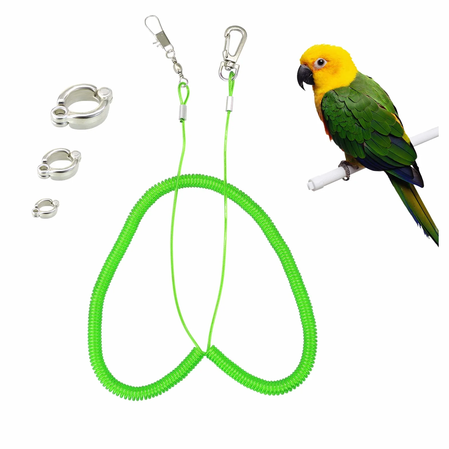 Andiker Corda Volante per Pappagallo 5 m, Catena per Piede, Imbracatura Addestramento Volo con Cordino Elastico Anti-Morso per Uccelli (Verde)