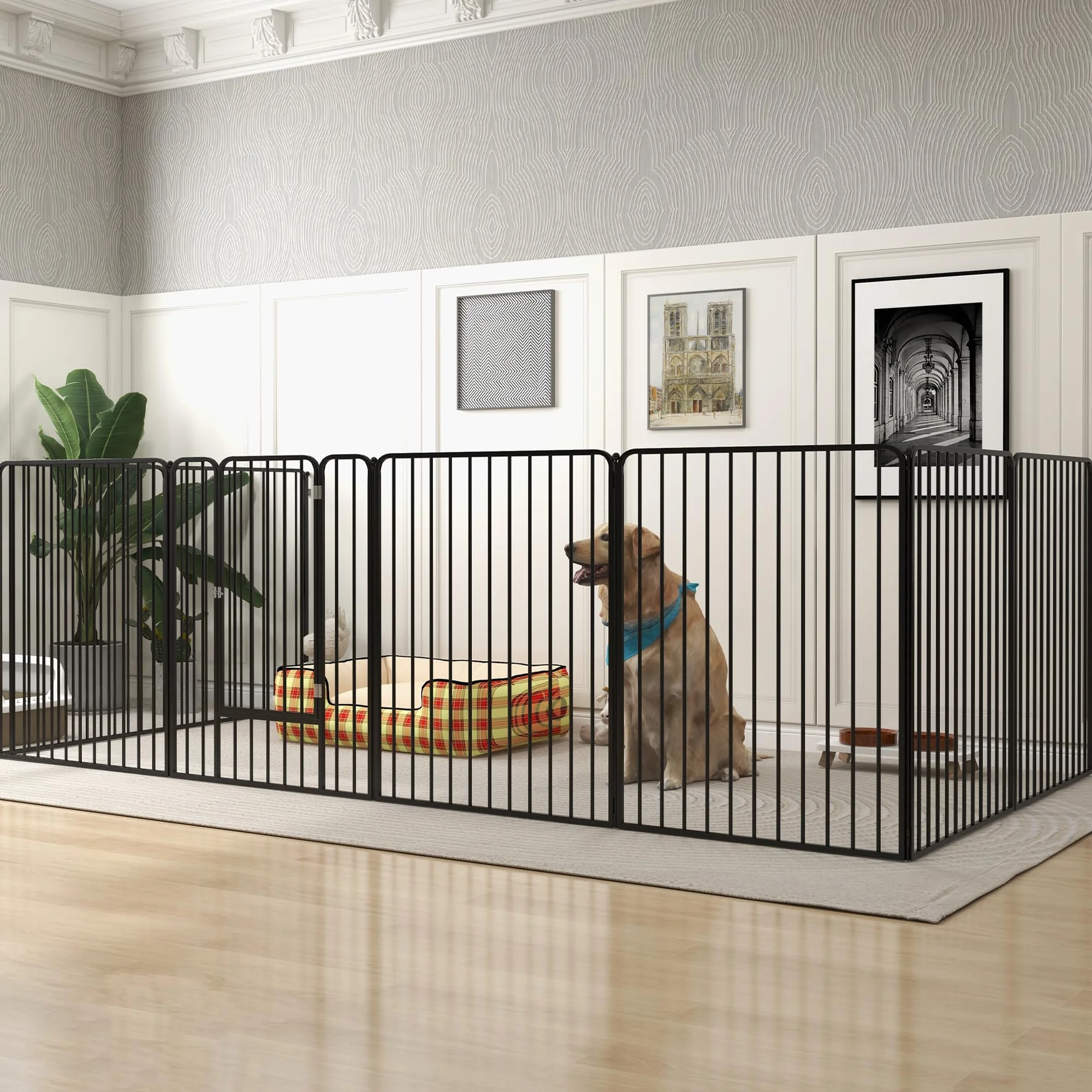 PawHut Box per Cani Taglia Piccola, Media e Grande a 8 Pannelli Modulabili da Interno ed Esterno, Cancello per Cani in Acciaio con 9 Picchetti, 164x164x100 cm, Nero