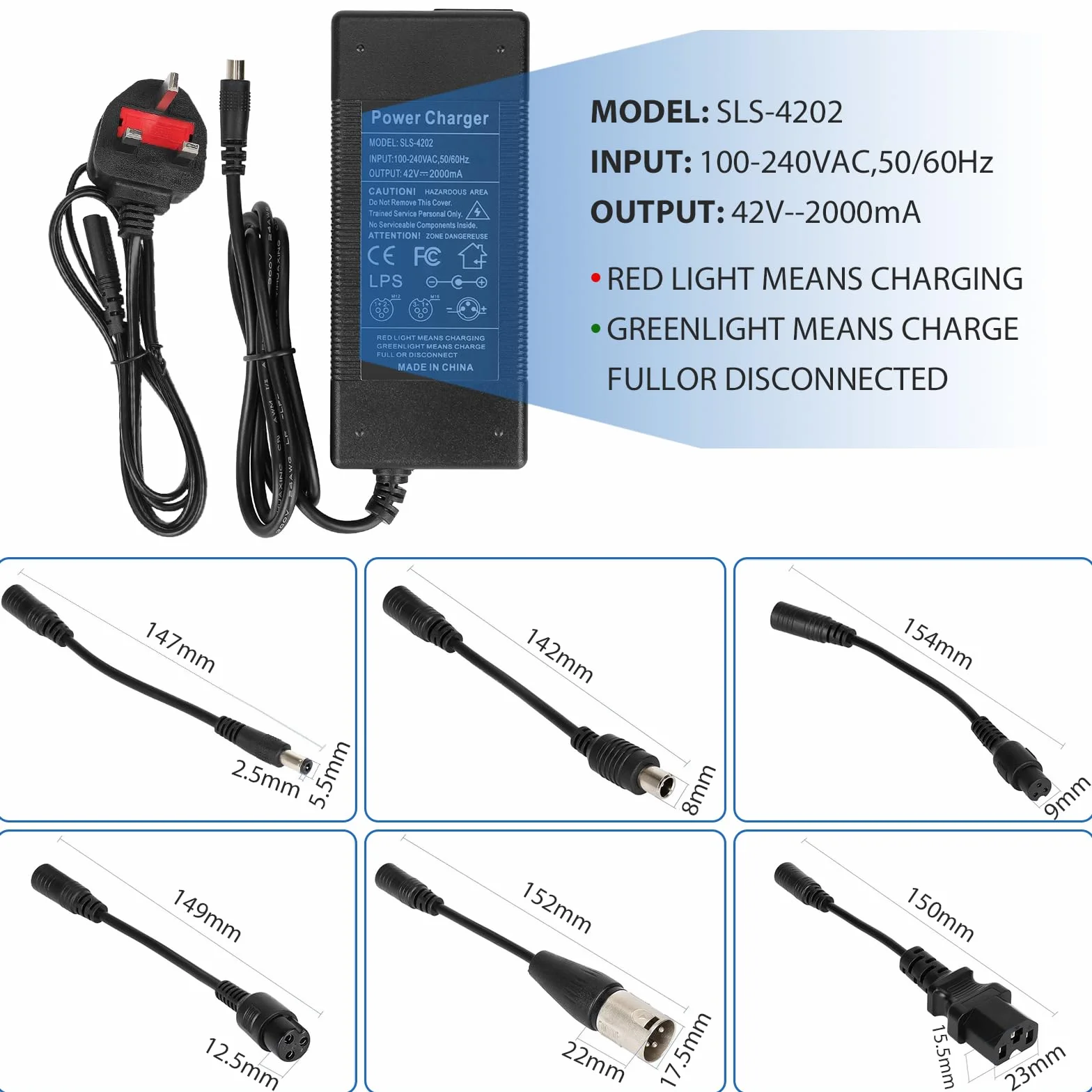 Caricatore Universale 42V 2A per Scooter Elettrico, Hoverboard, Xiaomi Ninebot con 6 Connettori