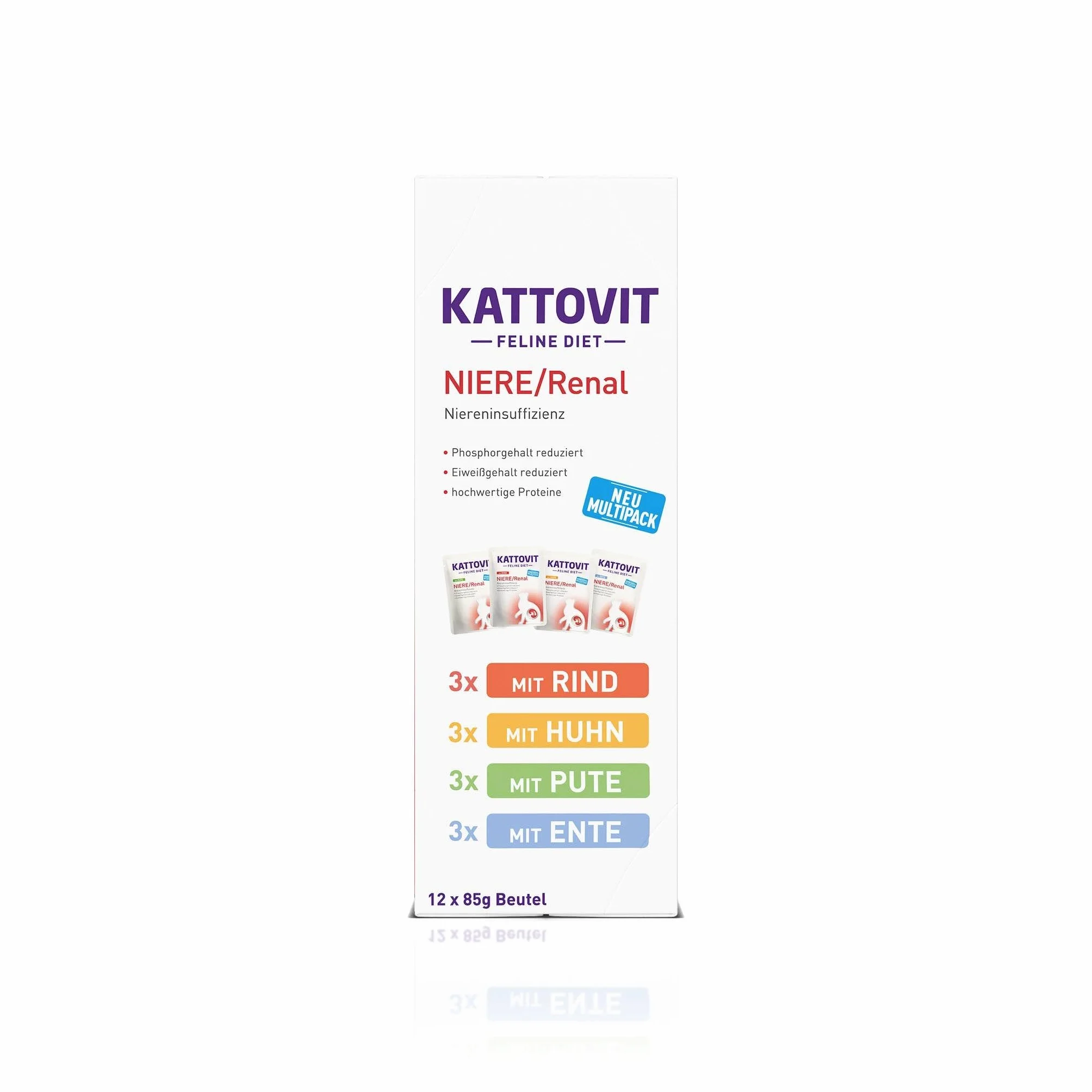 Kattovit Kidney/Renal Multipack | 12 x 85 g | Alimento dietetico completo per gatti con 4 gusti diversi in busta fresca | Per sostenere la funzione renale
