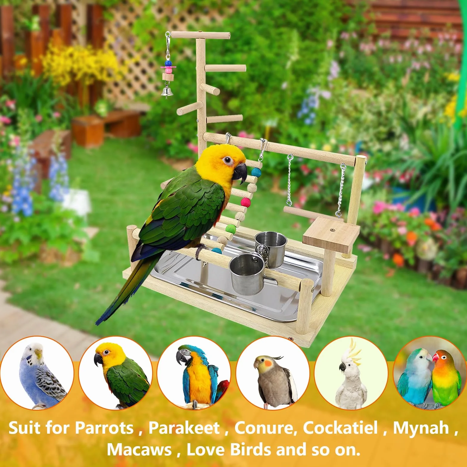 Parco giochi per uccelli pappagalli con alimentatore vassoio legno 44 x 37 x 26 cm