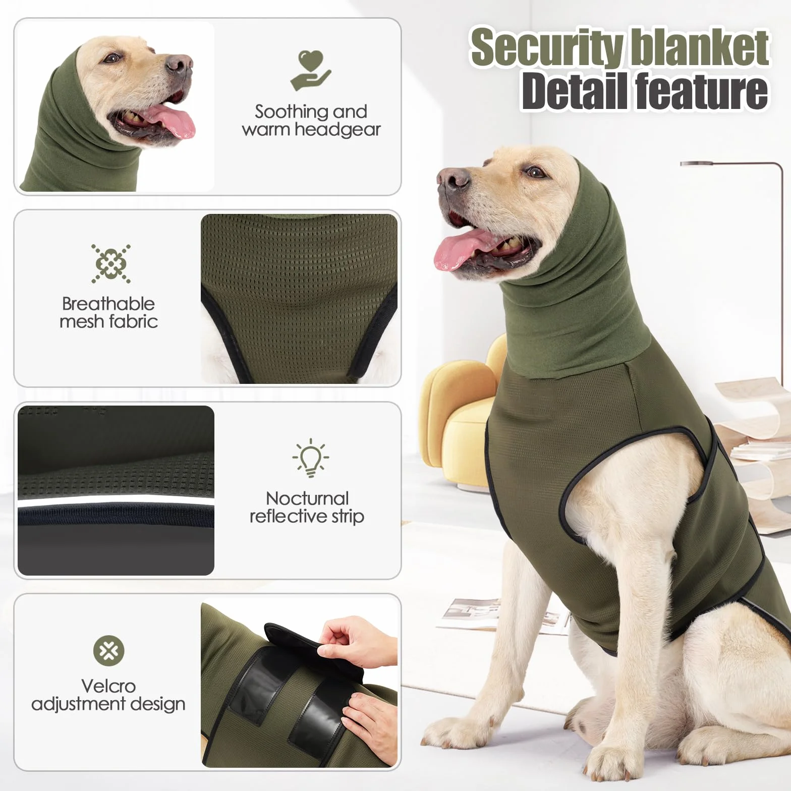 Giacca Calmante Ansiedad per Cani con Cappuccio e Strisce Riflettenti, Verde XS
