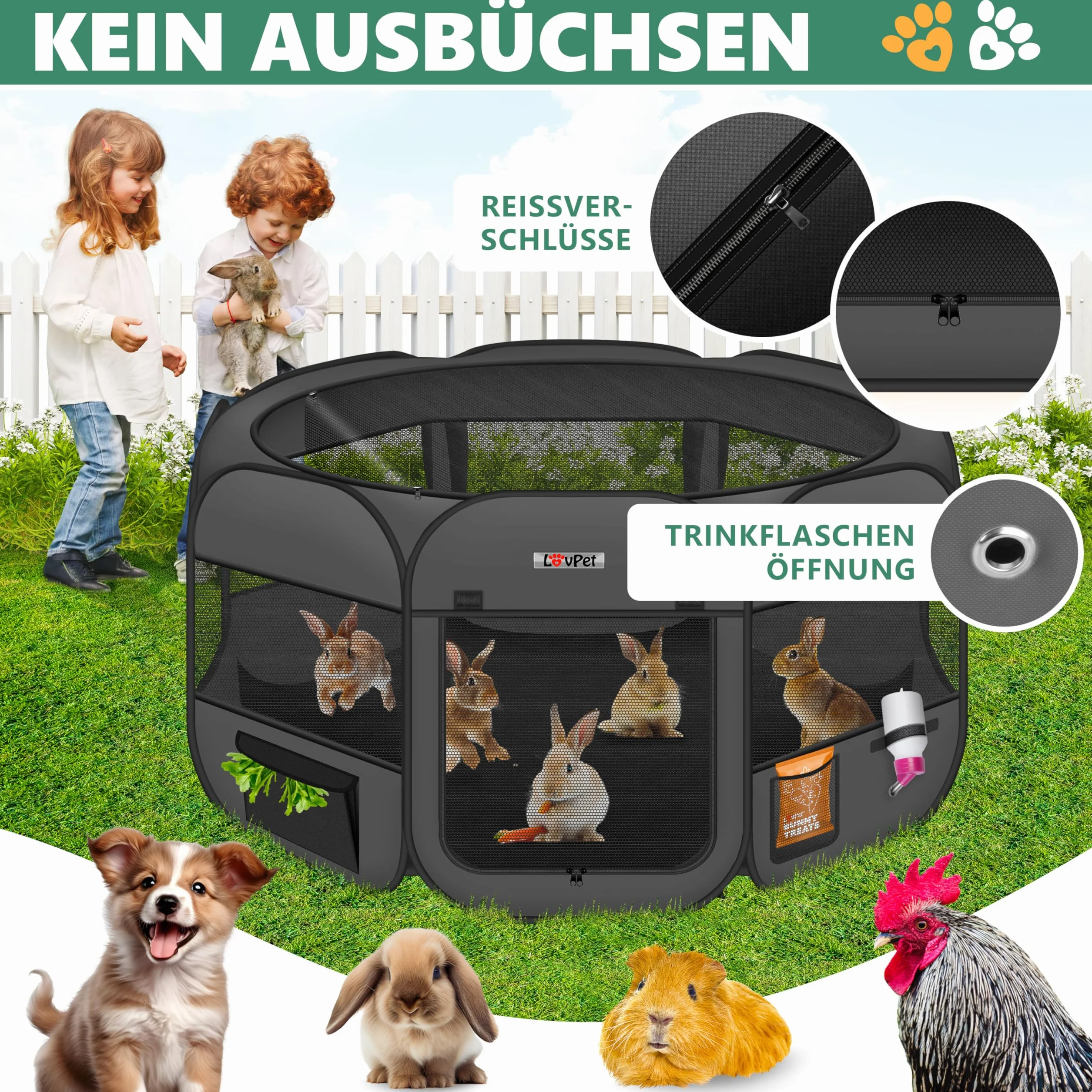 Lovpet® Recinto per Cuccioli - recinto per Animali Pieghevole per Piccoli Animali, Gatti, incl. Ciotola - Box - Recinzione - Tessuto Oxford - Sistema Pop-up