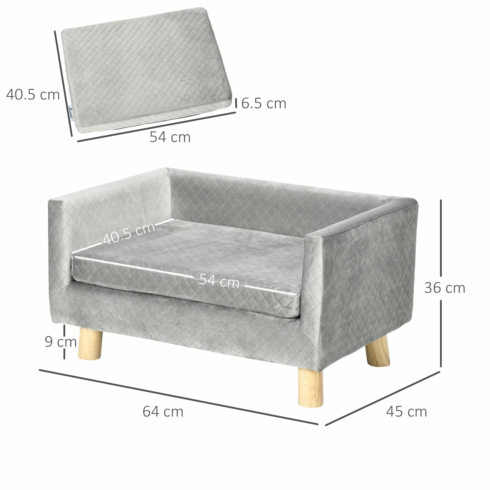 PawHut Divano per Cani e Gatti con Design Scandinavo e Cuscino Imbottito, Cuccia per Animali da Interno in Velluto e Legno, 64x45x36cm, Grigio
