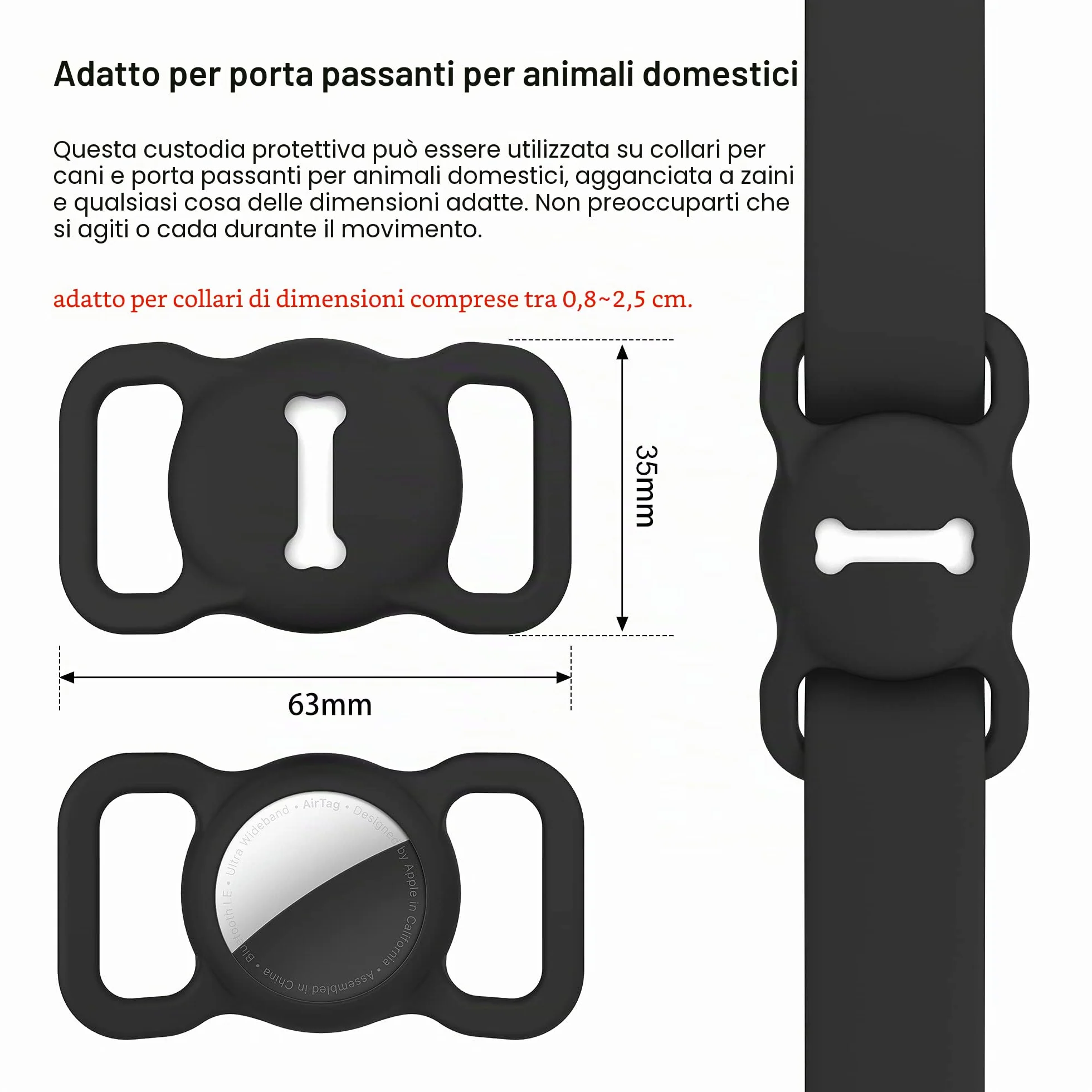 Airtag - Supporto per collare per cani, DLENP, in silicone, per il monitoraggio GPS, per gatti e gatti con motivo osseo (1 confezione (nero)