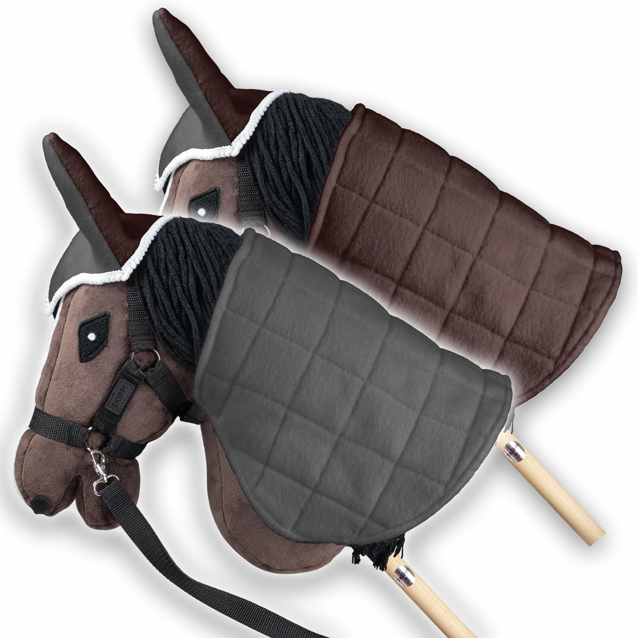 SKIPPI Coperta e Cuffietta per Hobby Horse - Grigio e Marrone, Reversibile Hobby Horse Accessori, Cuffia Bicolore e Coperta Antimosche per Cavallo con Bastone