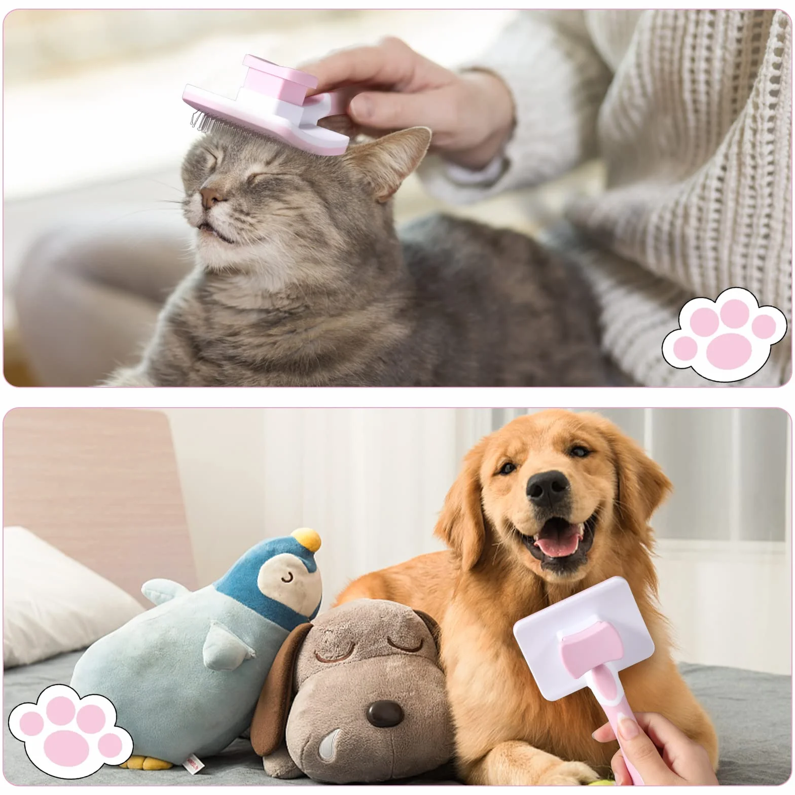 Vinabo Spazzola autopulente per animali domestici, spazzola per pelo lungo e corto, per cani e gatti, elimina efficacemente la tomentosi, sottopelo, grovigli, rosa
