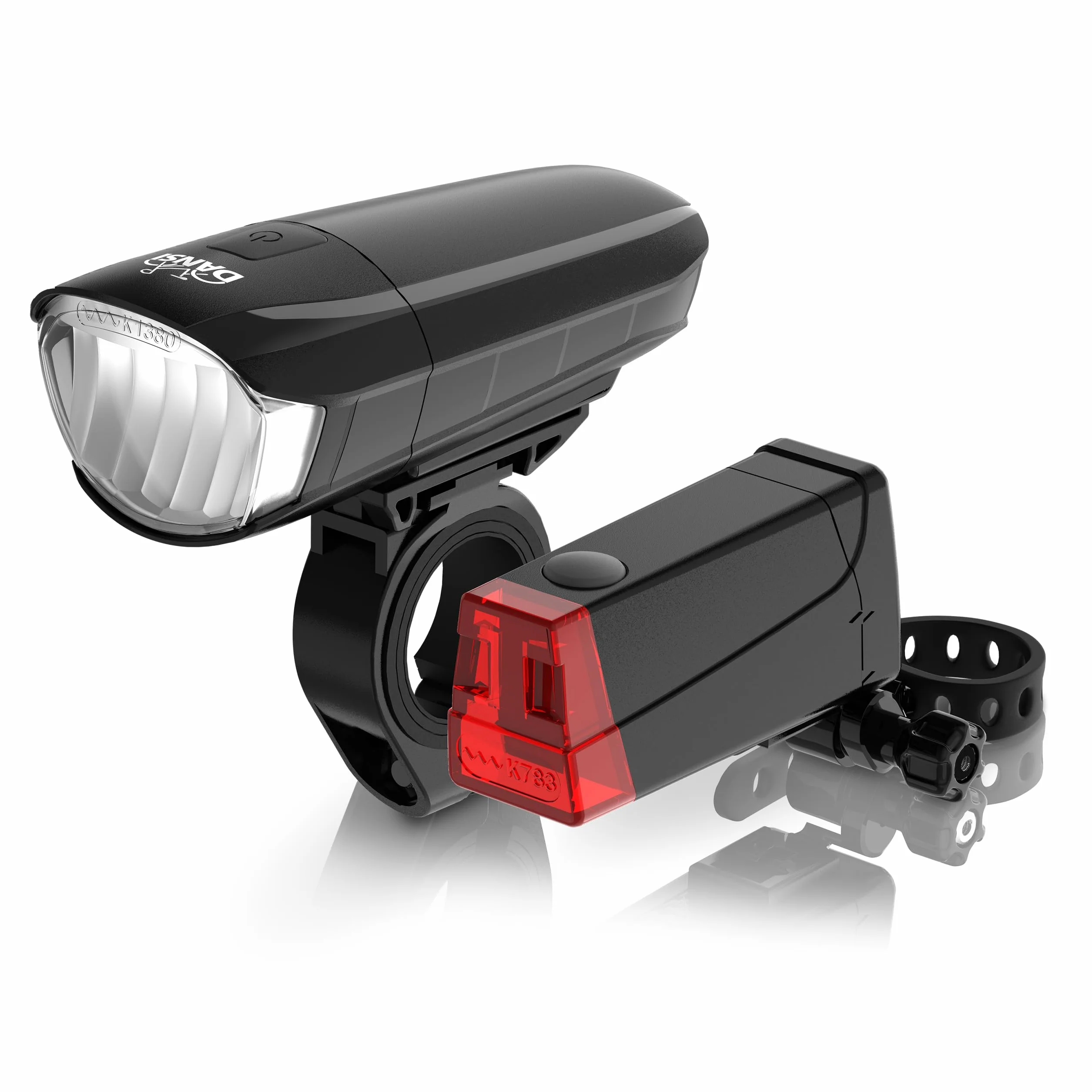 DANSI LED Light Set - Illuminazione per biciclette omologata StVZO con 60, 30 e 15 Lux | Illuminazione per biciclette a LED anteriore + posteriore | Regolazione automatica dell'illuminazione